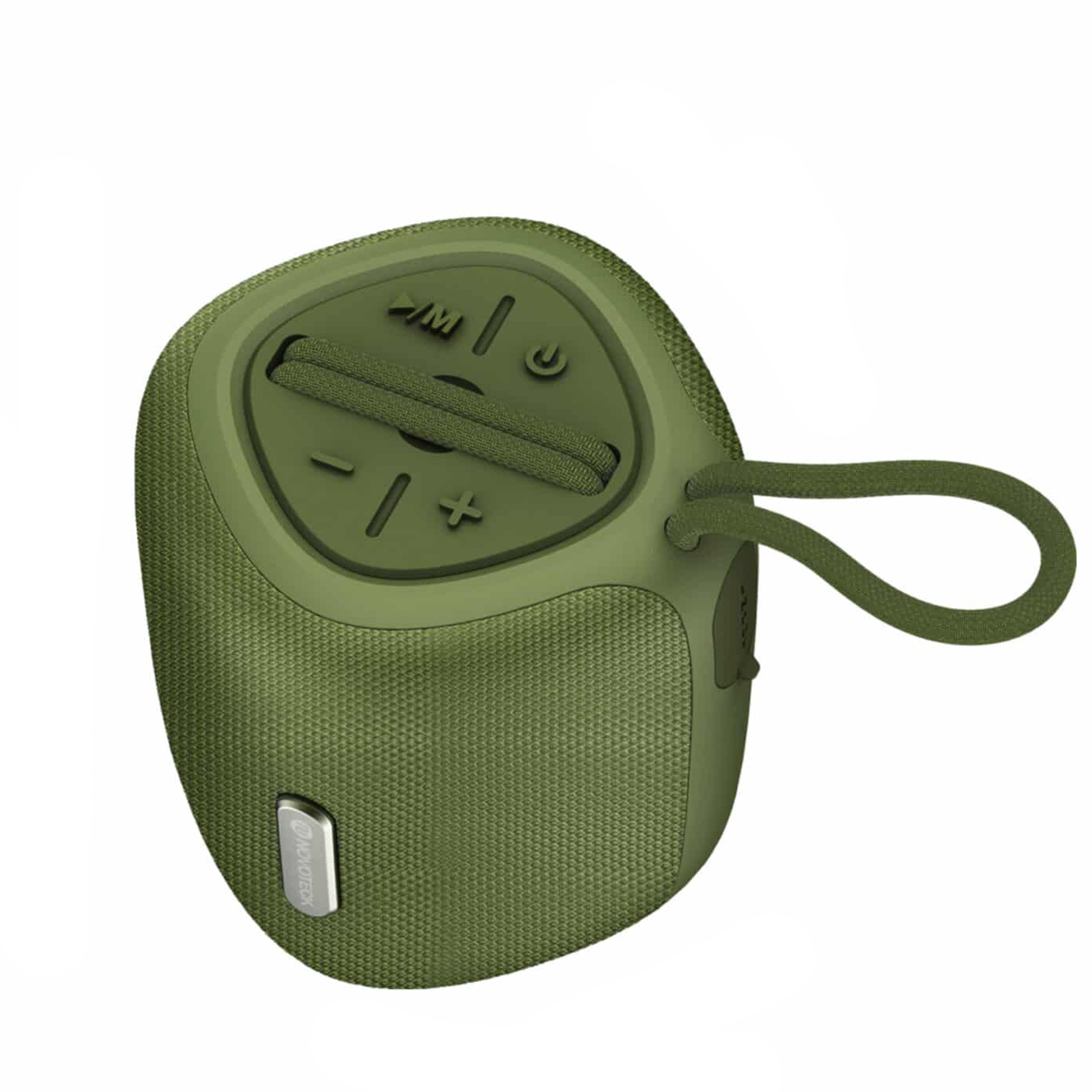 Un altavoz portátil verde con textura de tela y correa.
