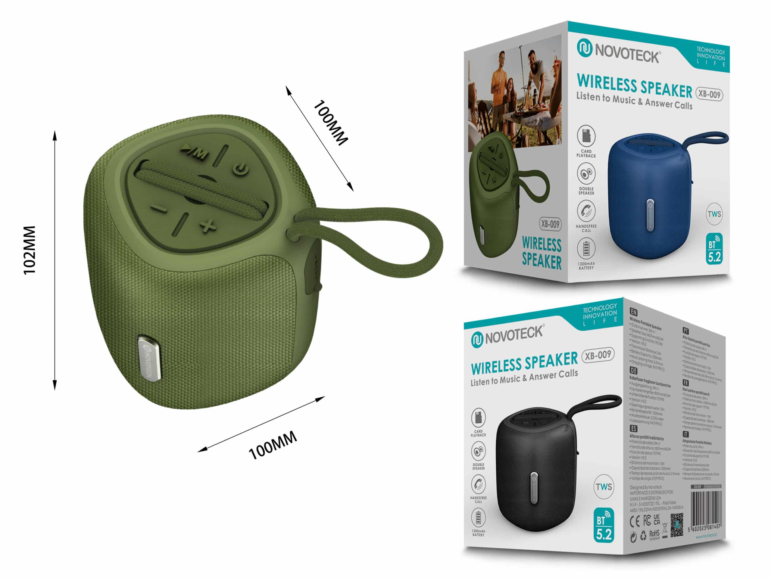 Altavoz Bluetooth verde y azul con embalaje, dimensiones 100x102mm.