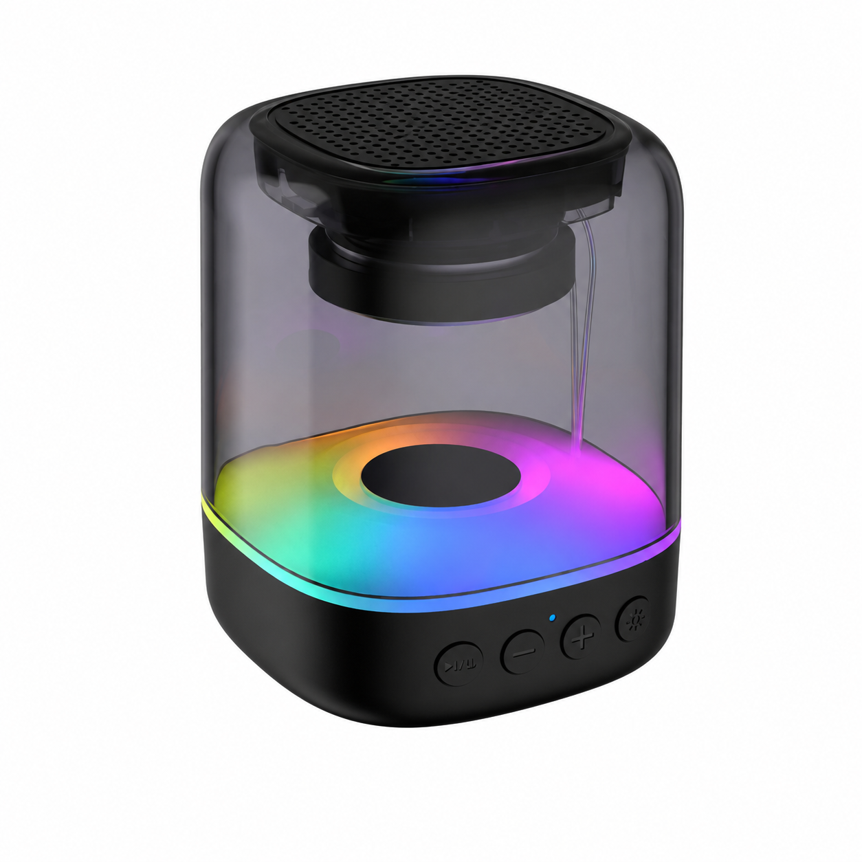 Un altavoz transparente con luces de colores y botones de control negros.