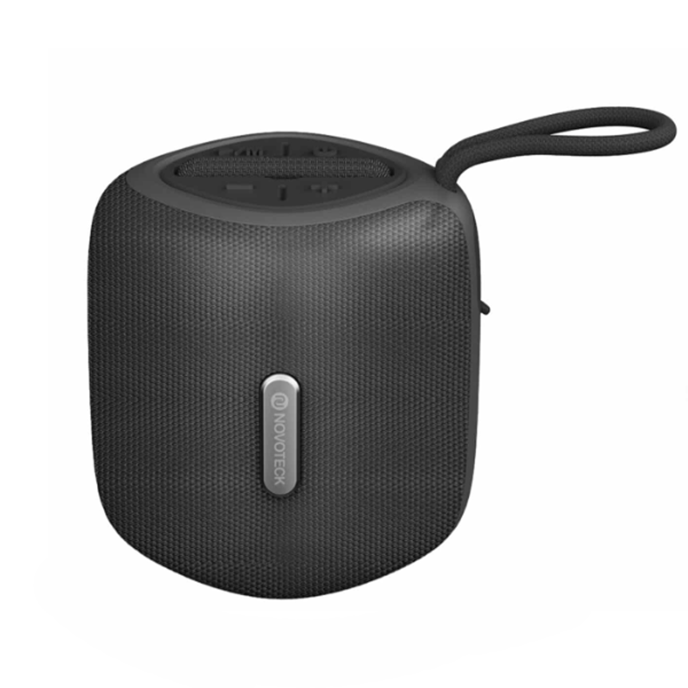 Altavoz Bluetooth negro y compacto con correa y logo plateado.