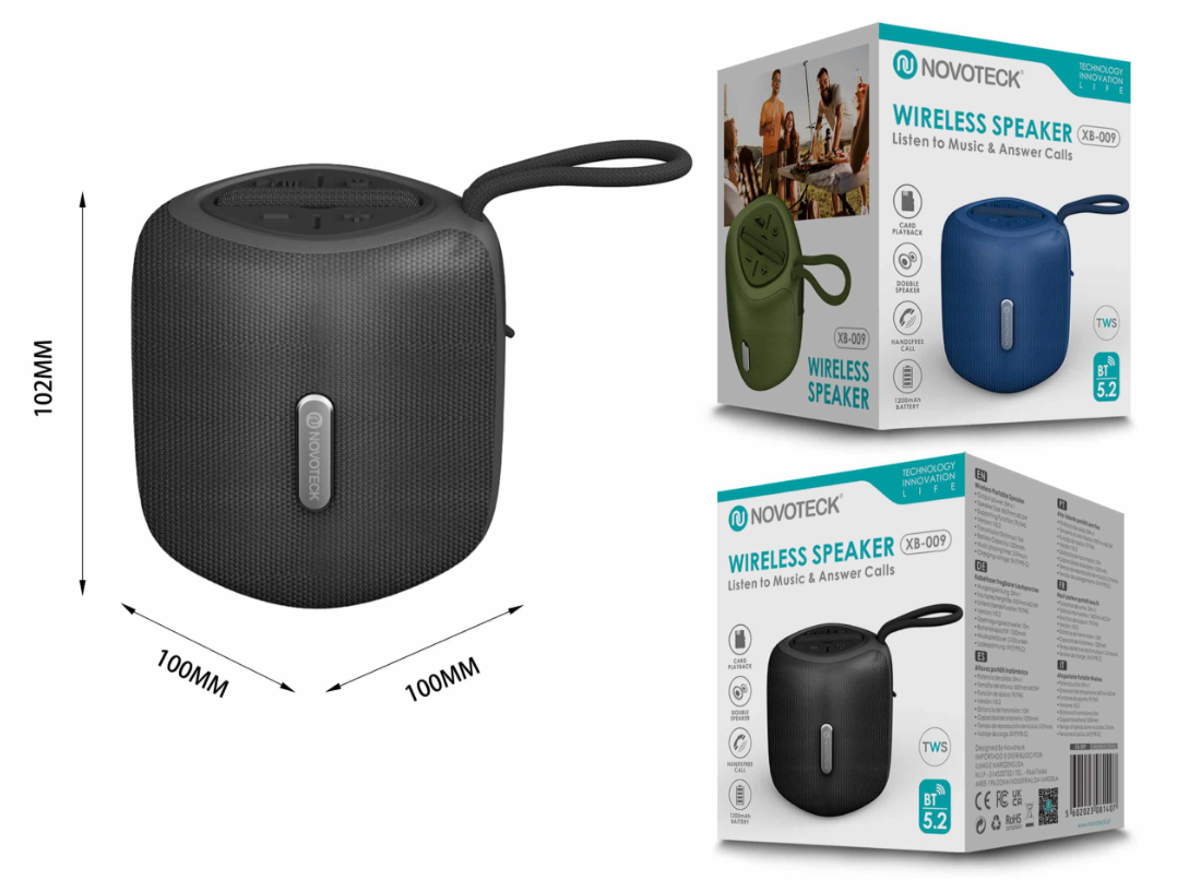Altavoz negro Novoteck con asa y dimensiones. Empaques al lado.
