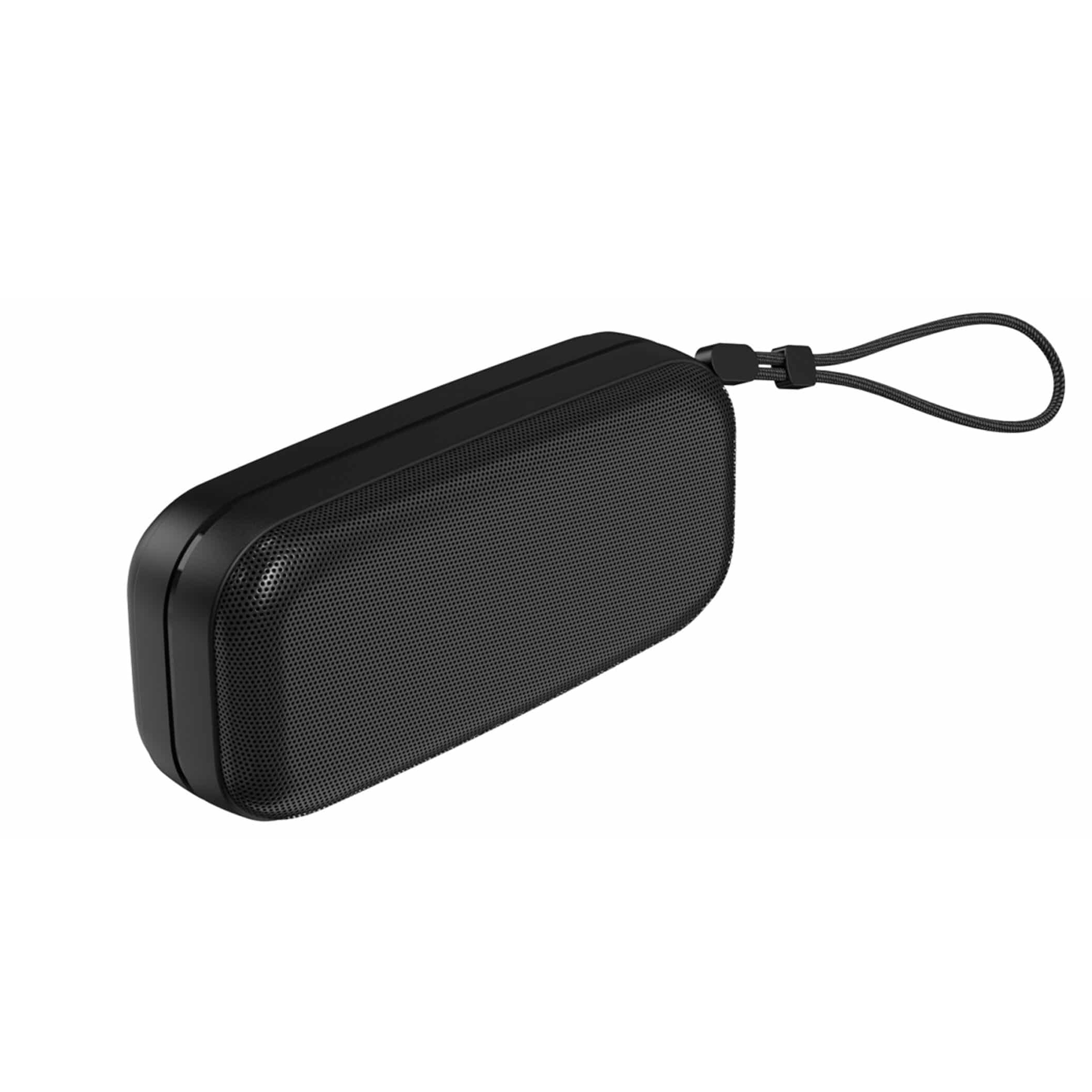 Altavoz portátil negro con cordón, sobre fondo blanco.