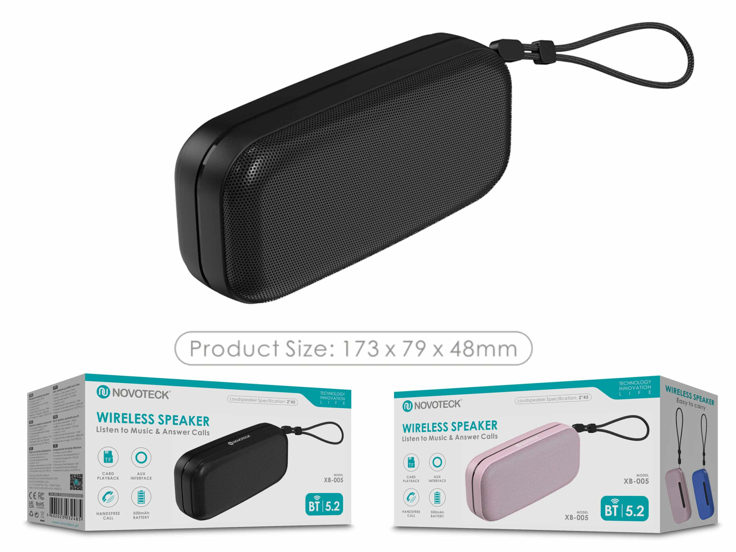 Altavoz inalámbrico negro rectangular con correa, mostrado en embalaje.