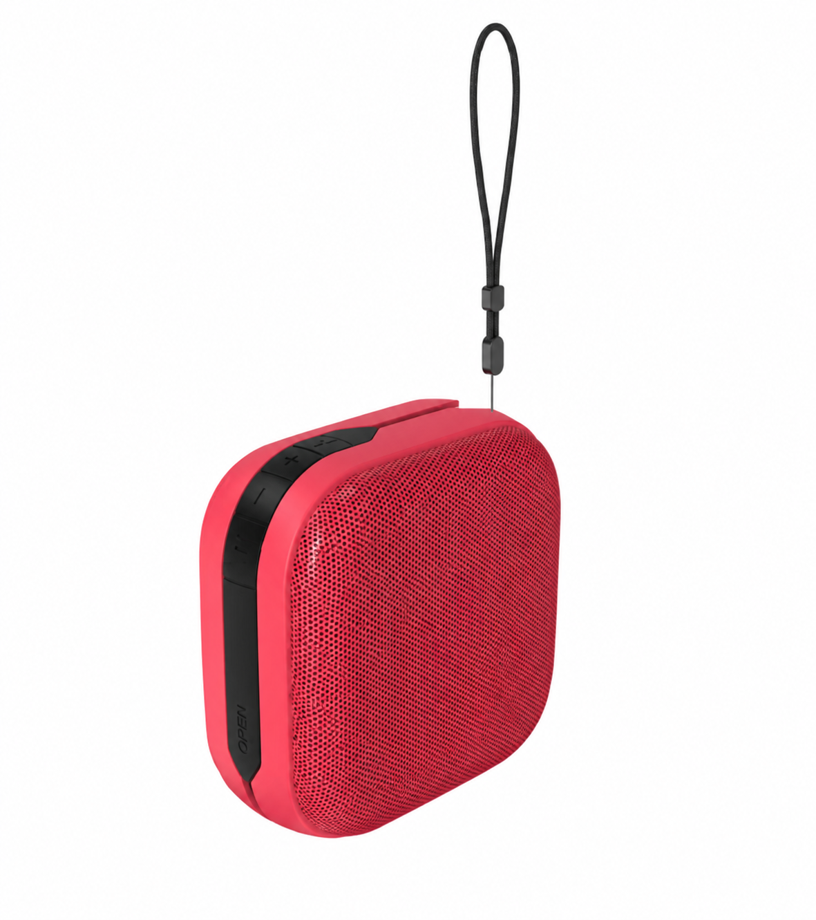 Altavoz Bluetooth rojo con correa y botones negros, sobre fondo blanco.