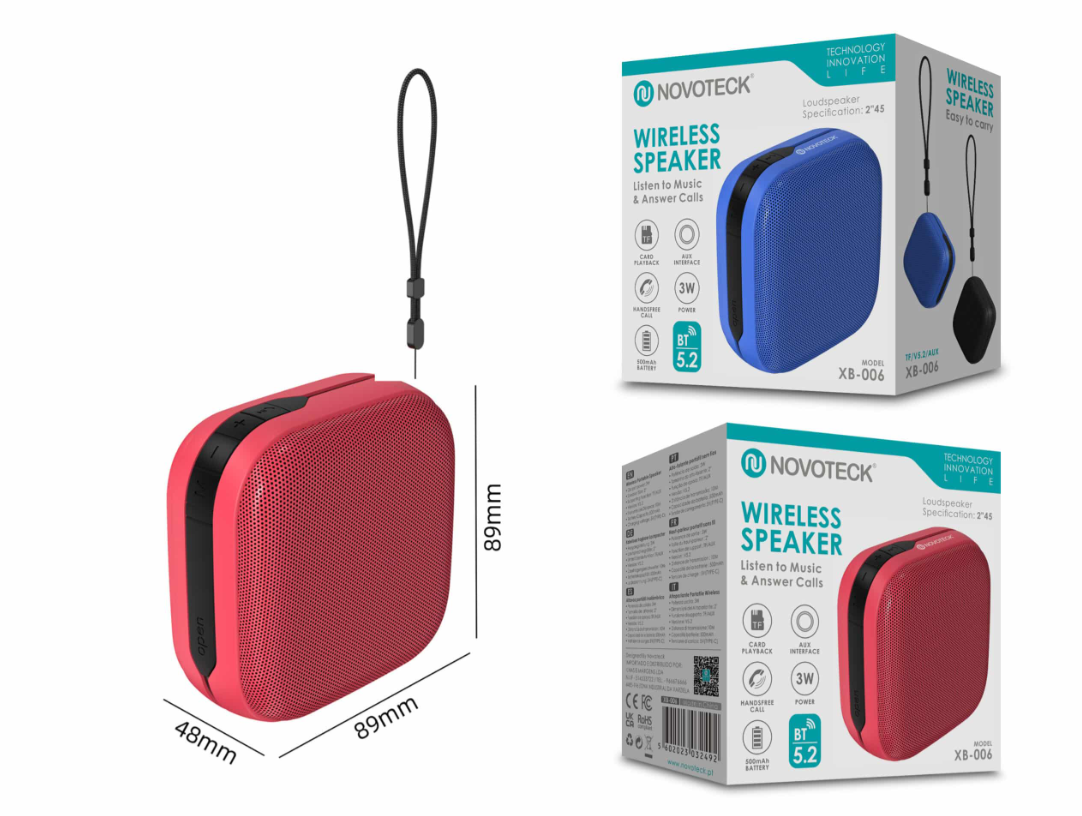 Altavoz compacto rojo y azul con cordón, dimensiones 48x89x89mm.