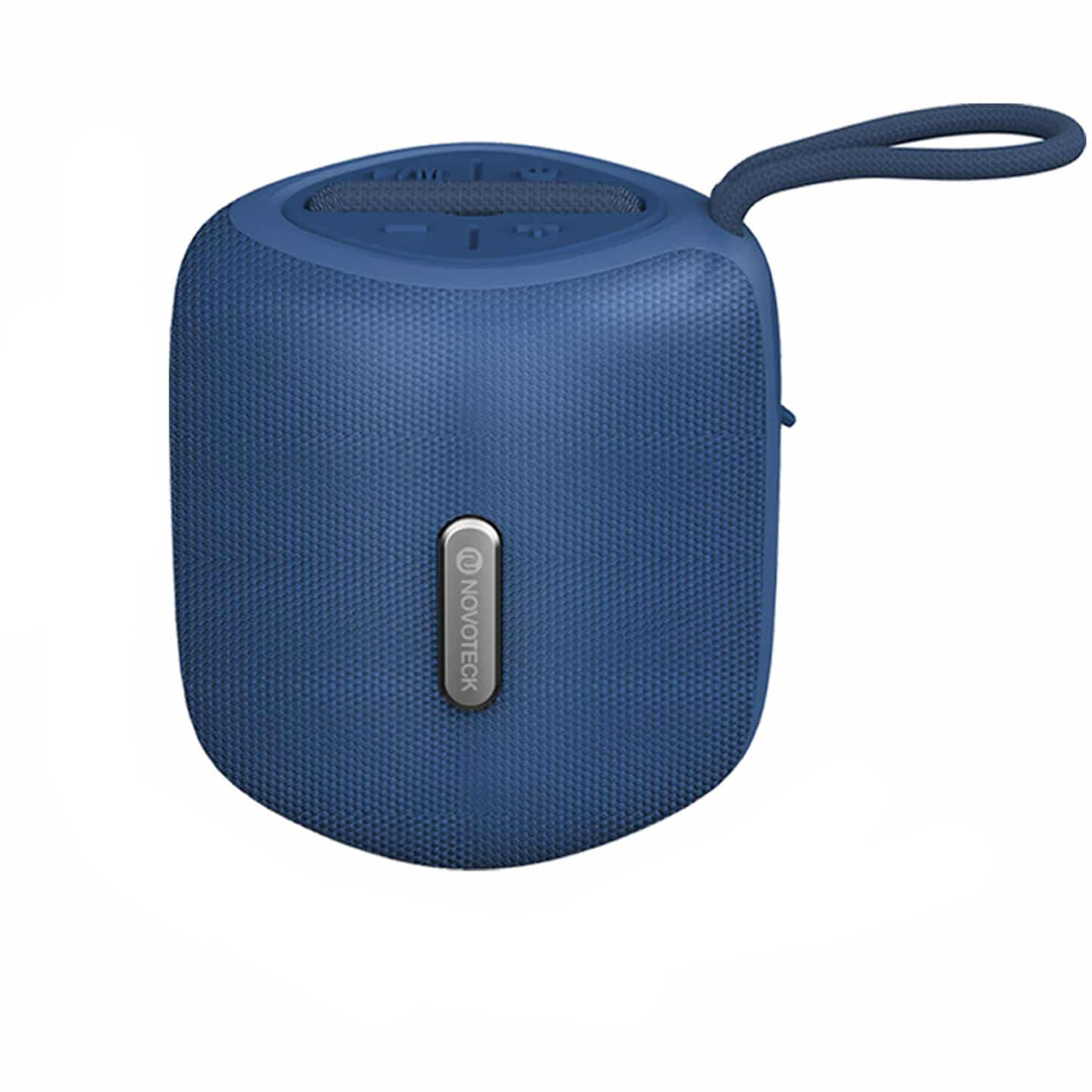 Un altavoz azul, cúbico, con un logo plateado y una correa.
