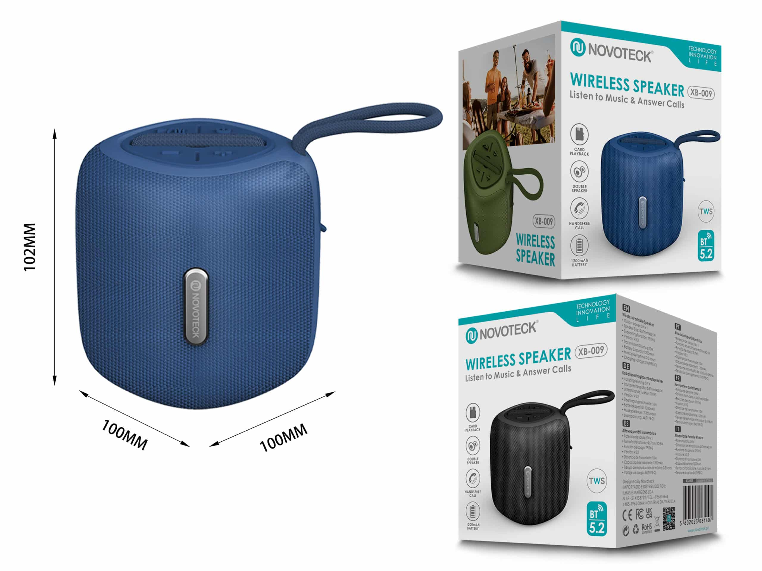 Altavoz azul Novoteck Bluetooth, 100x102mm, con correa. Empaque al lado.