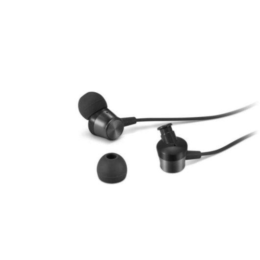 Black wired earphones with spare ear tips on a white background.