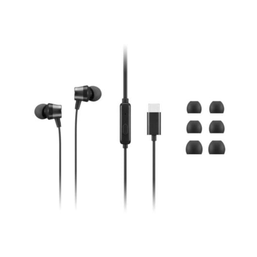 Black in-ear earphones with USB-C connector and replacement tips.