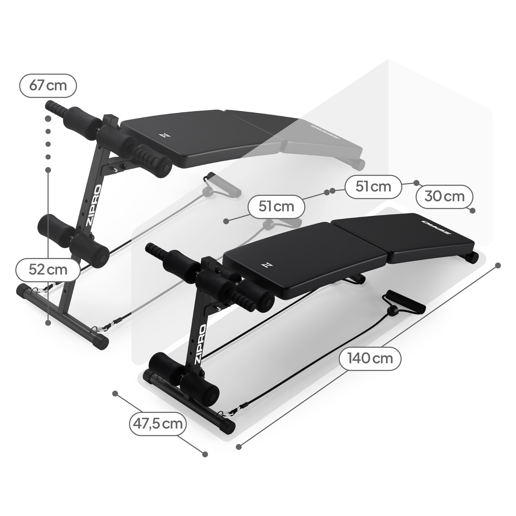 Ein schwarzes Fitnessgerät mit Maßen von 67 cm, 52 cm, 47,5 cm, 51 cm, 30 cm und 140 cm.