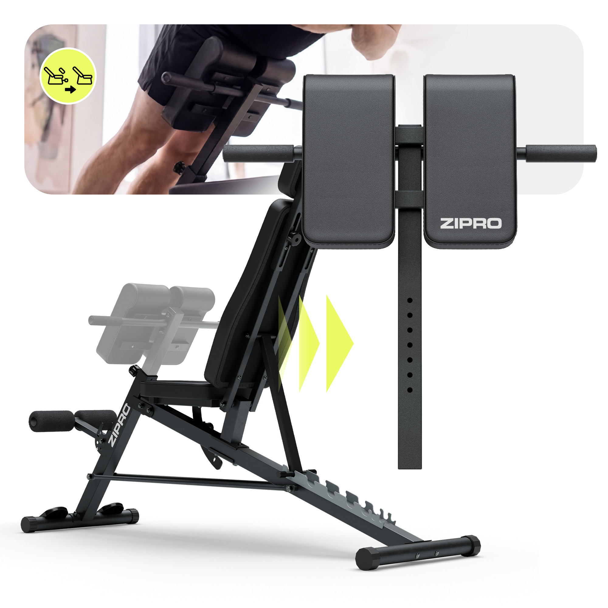 Verstellbare Hantelbank mit Polsterung und Beinhalterungen, für Fitnessübungen.