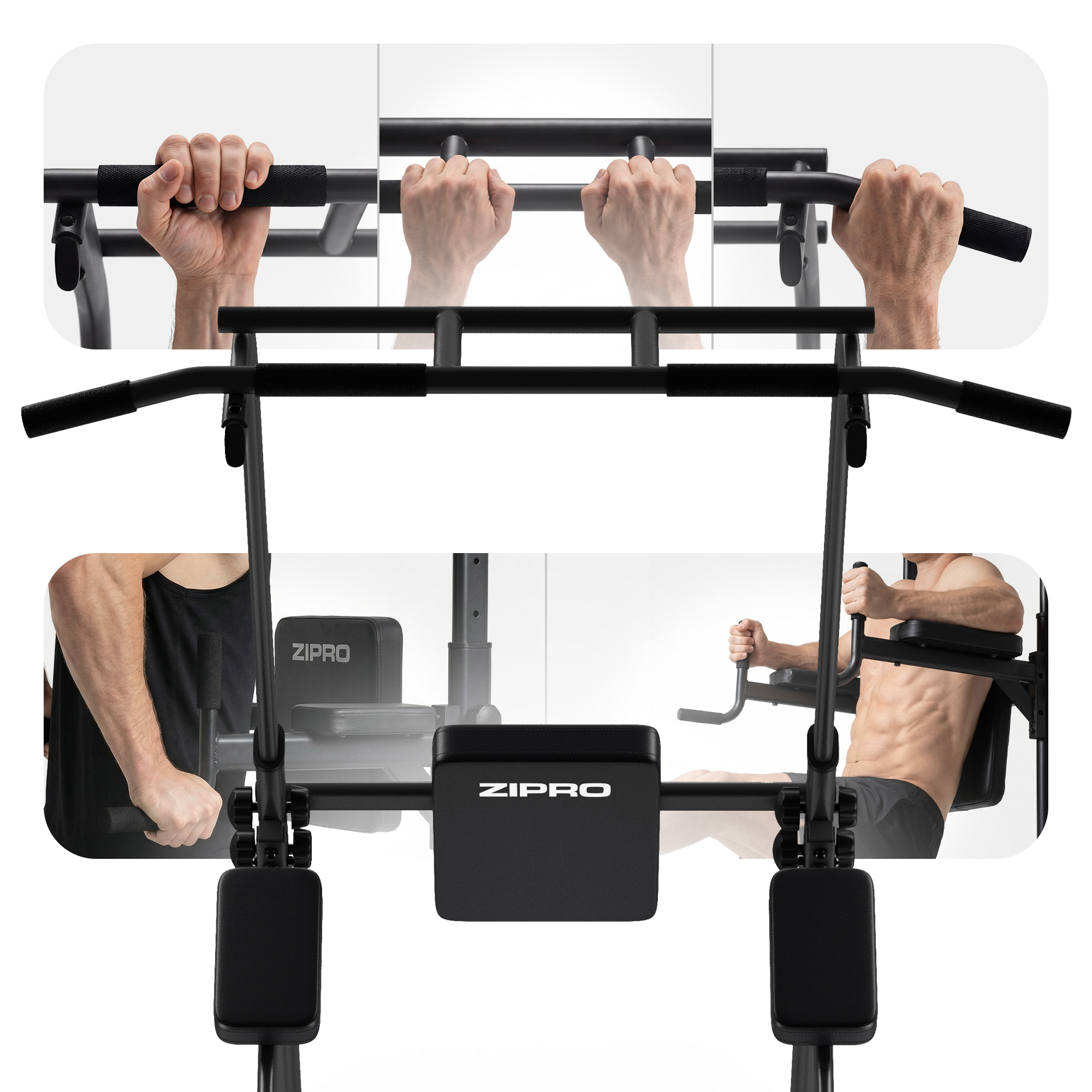 Collage zeigt Hände, die eine Klimmzugstange greifen und einen Mann, der an einem Fitnessgerät trainiert.