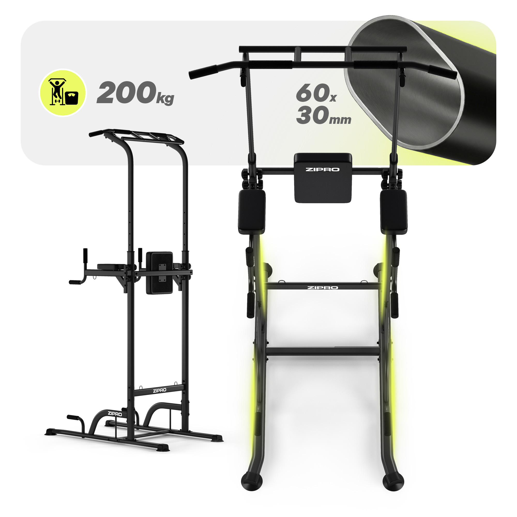 Ein schwarzer Multifunktionsturm mit einer maximalen Tragfähigkeit von 200 kg.