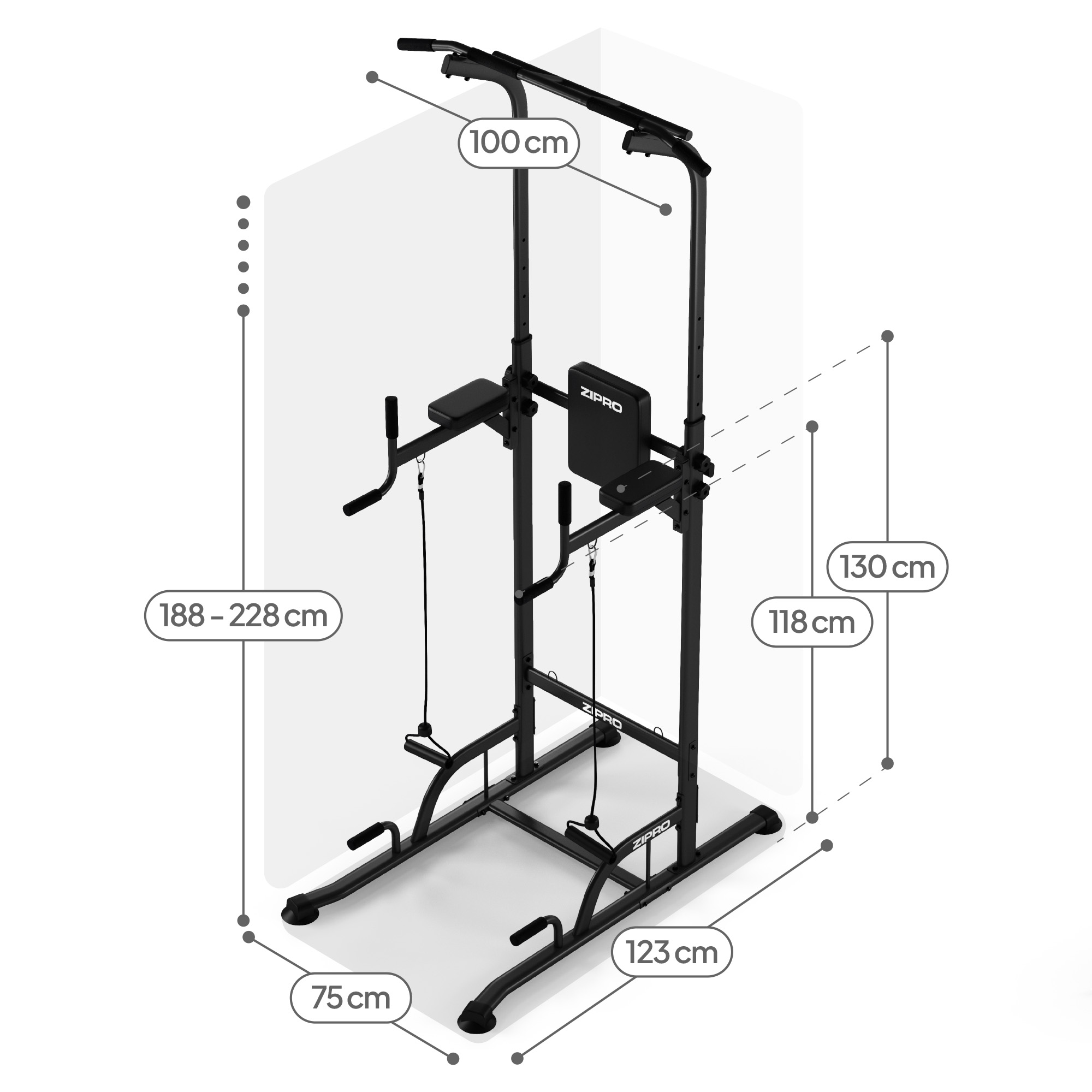Ein schwarzes Trainingsgerät mit Maßen, Maße: 100cm, 118cm, 130cm, 123cm, 75cm, 188-228cm.