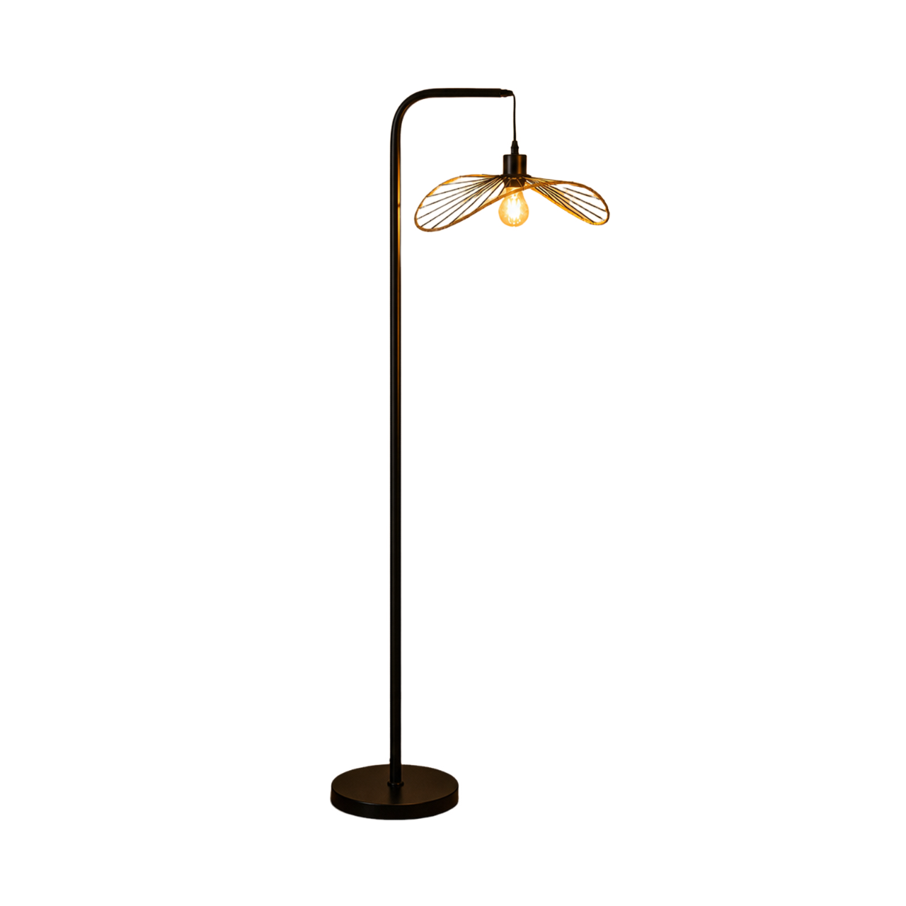 Un'elegante lampada da terra nera con base rotonda e braccio curvo.