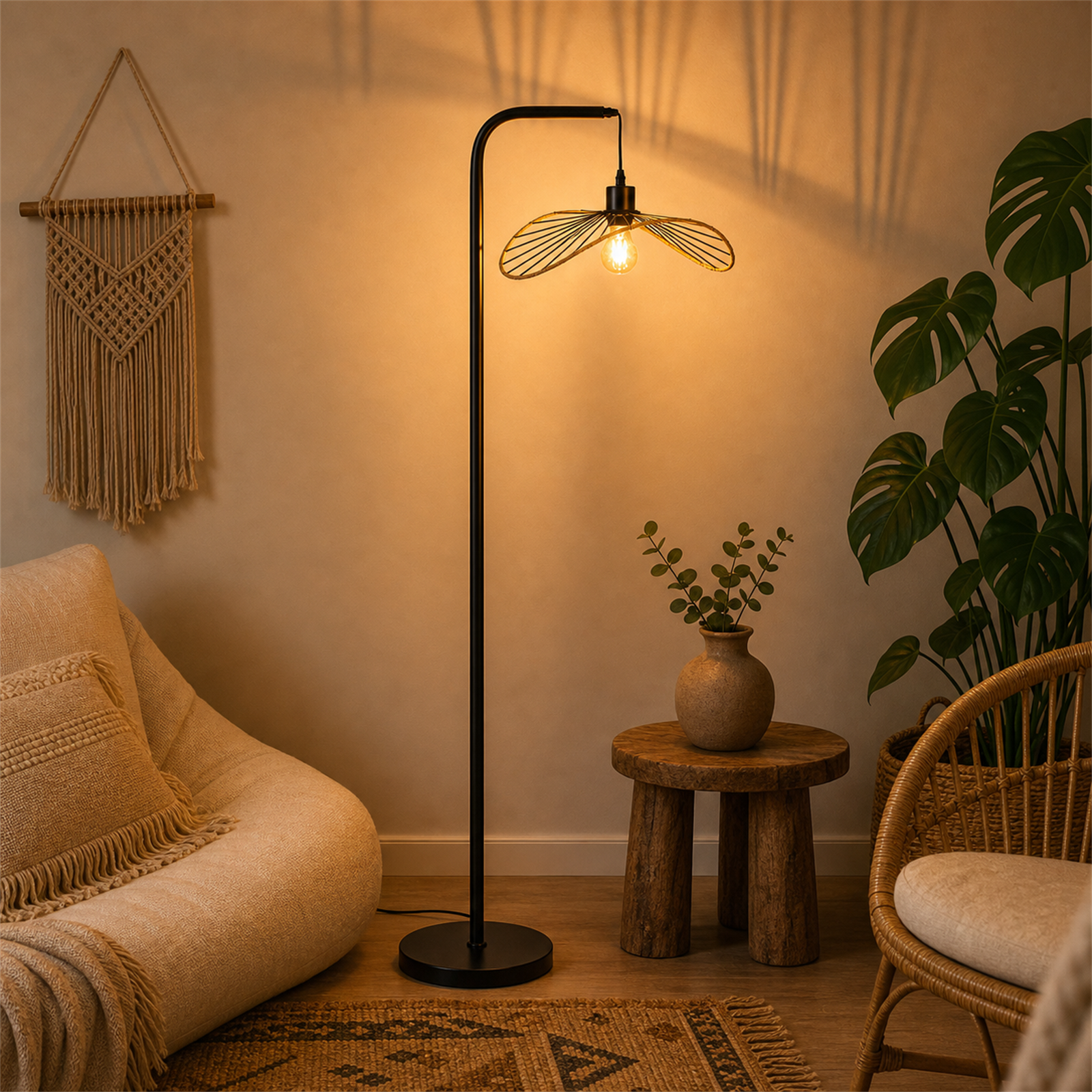 Interno con lampada da terra, macramé, poltrona, tavolino, pianta e sedia in rattan.