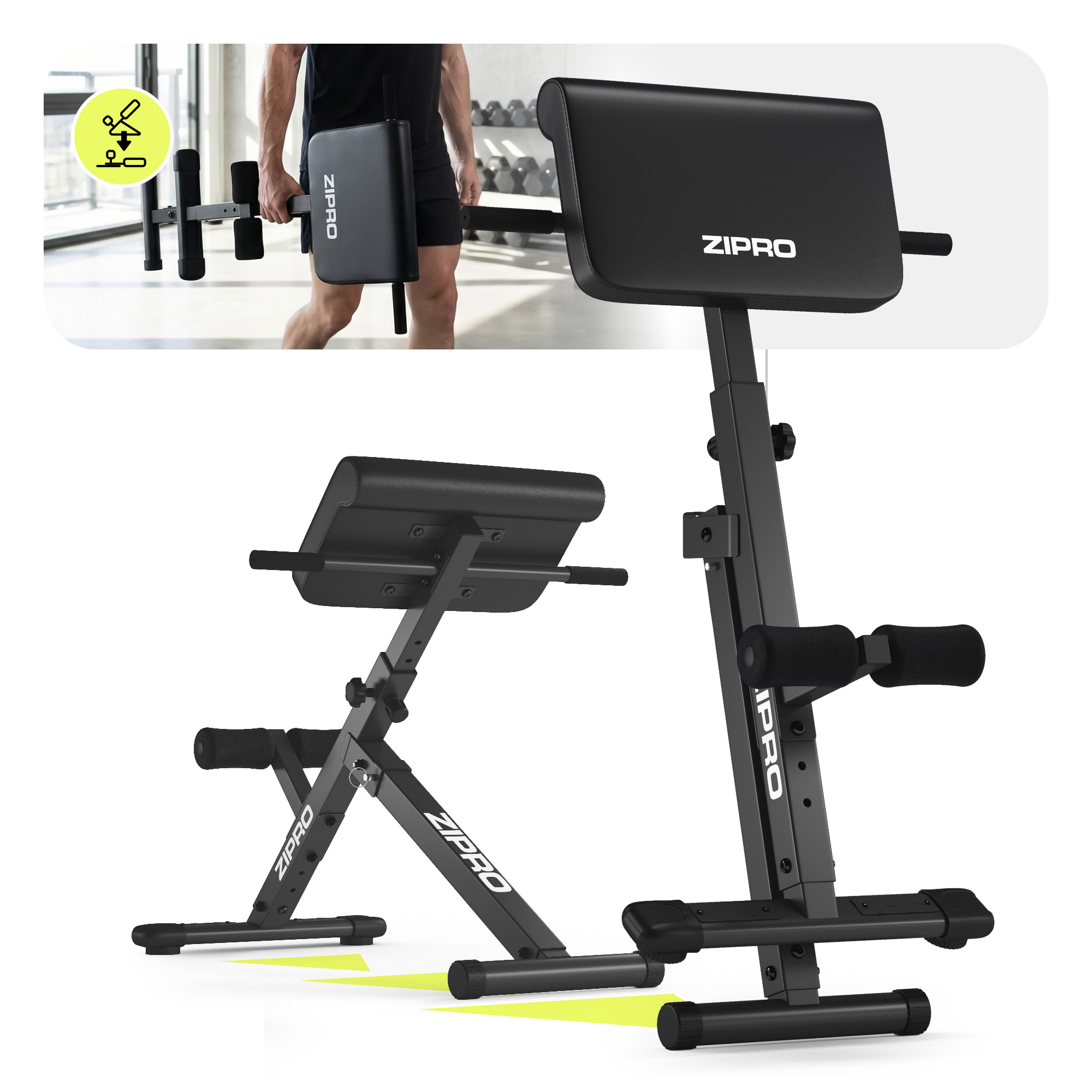 Eine verstellbare schwarze Hyperextension-Bank mit gepolsterten Beinauflagen und Griffen. Ein Mann hält einen Teil davon.
