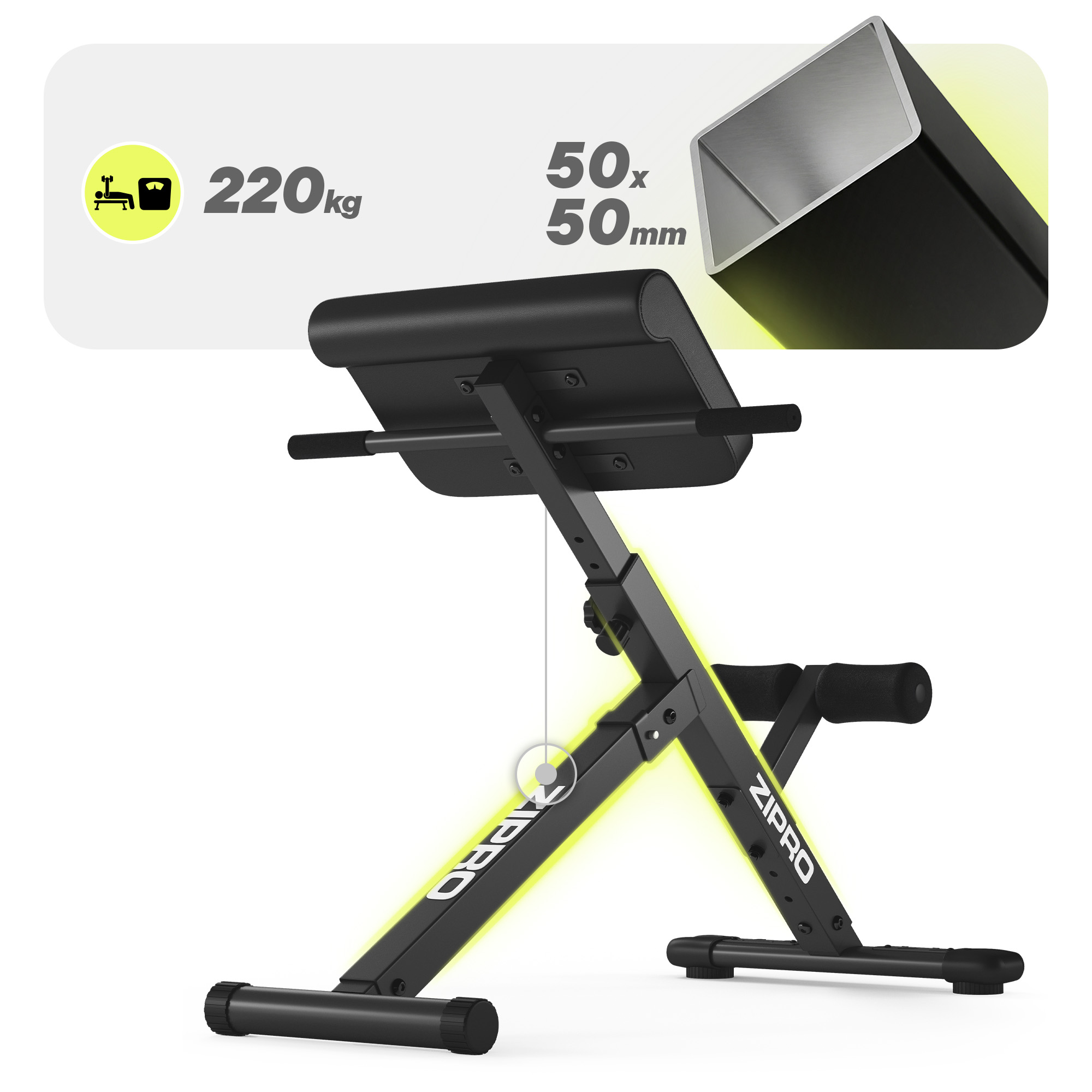 Schwarzes Fitnessgerät mit Polsterung und Metallrahmen. Belastbar bis 220kg.