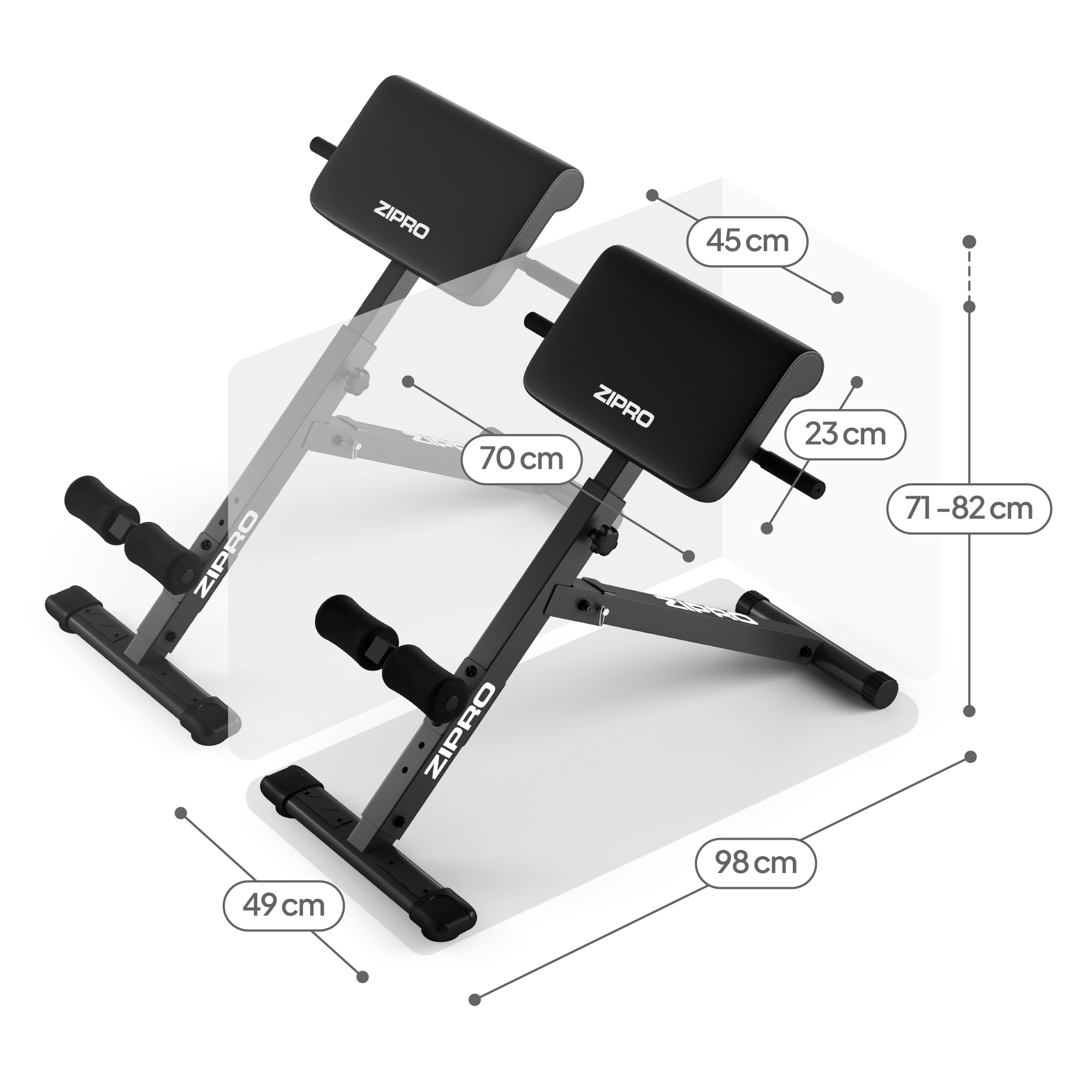 Ein schwarzes Fitnessgerät mit Maßen. Verstellbarer Bauchtrainer.