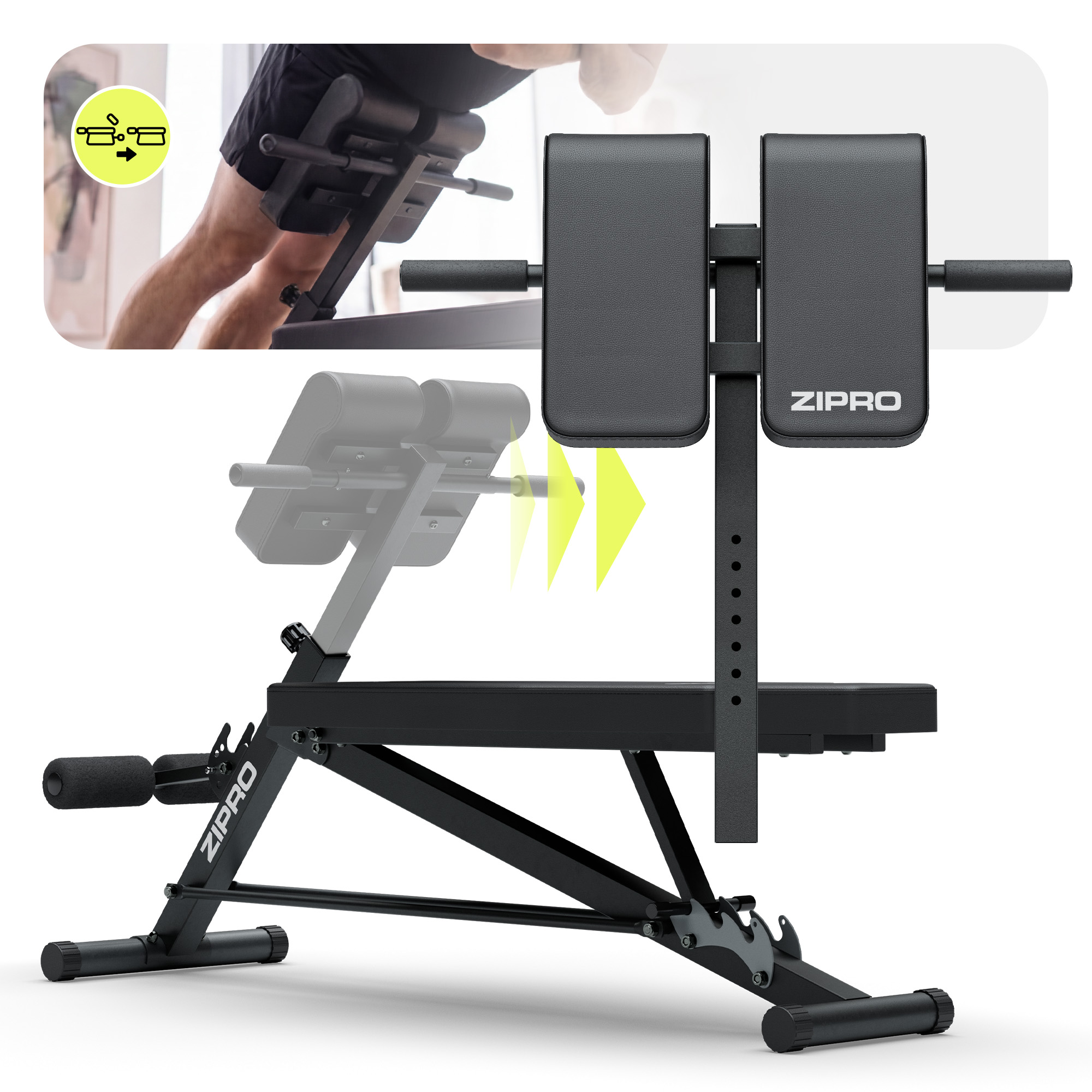 Ein schwarzes Fitnessgerät für Bauch- und Rückenübungen, auf weißem Hintergrund.
