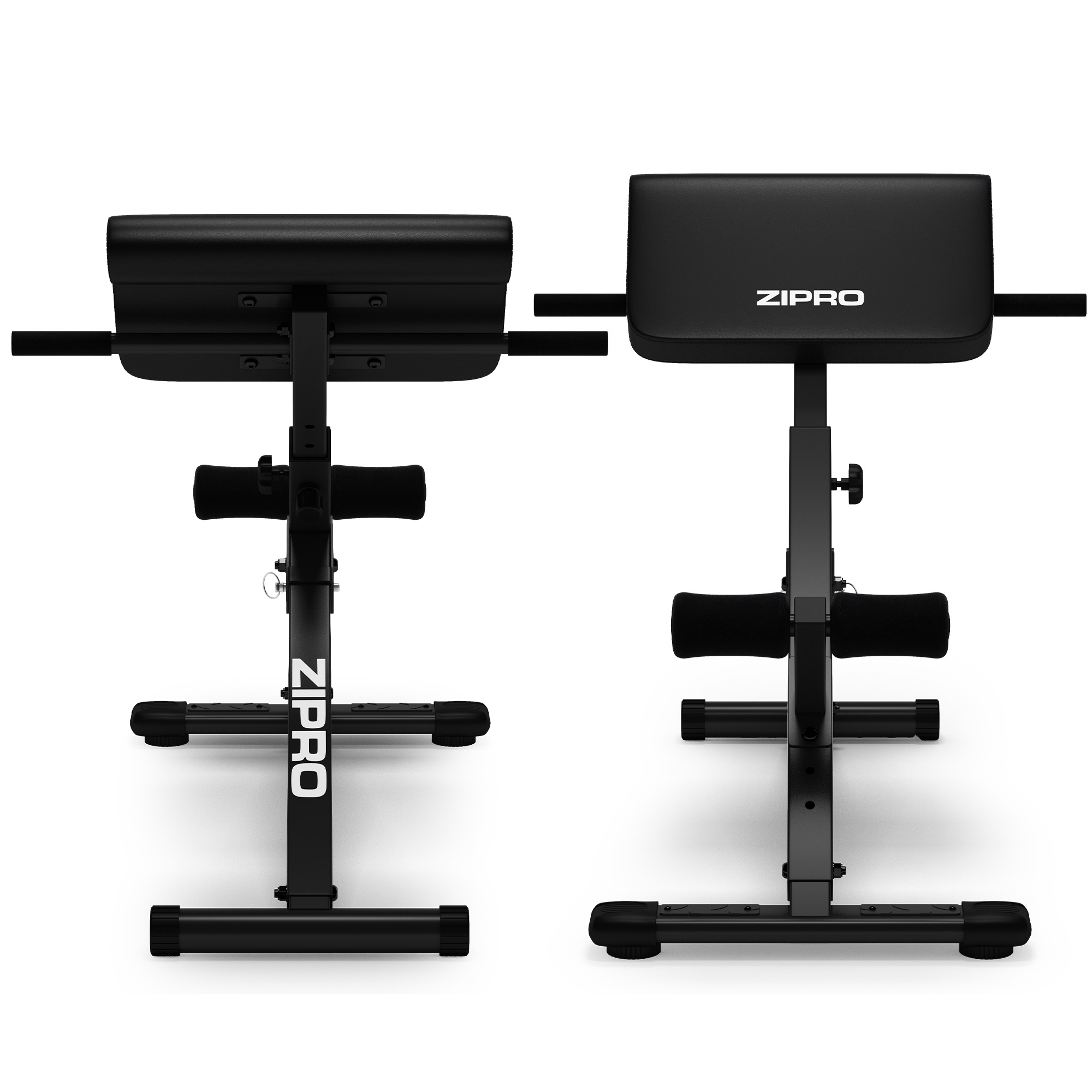 Zwei schwarze Fitnessgeräte mit Polsterung und ZIPro-Logo, weißer Hintergrund.