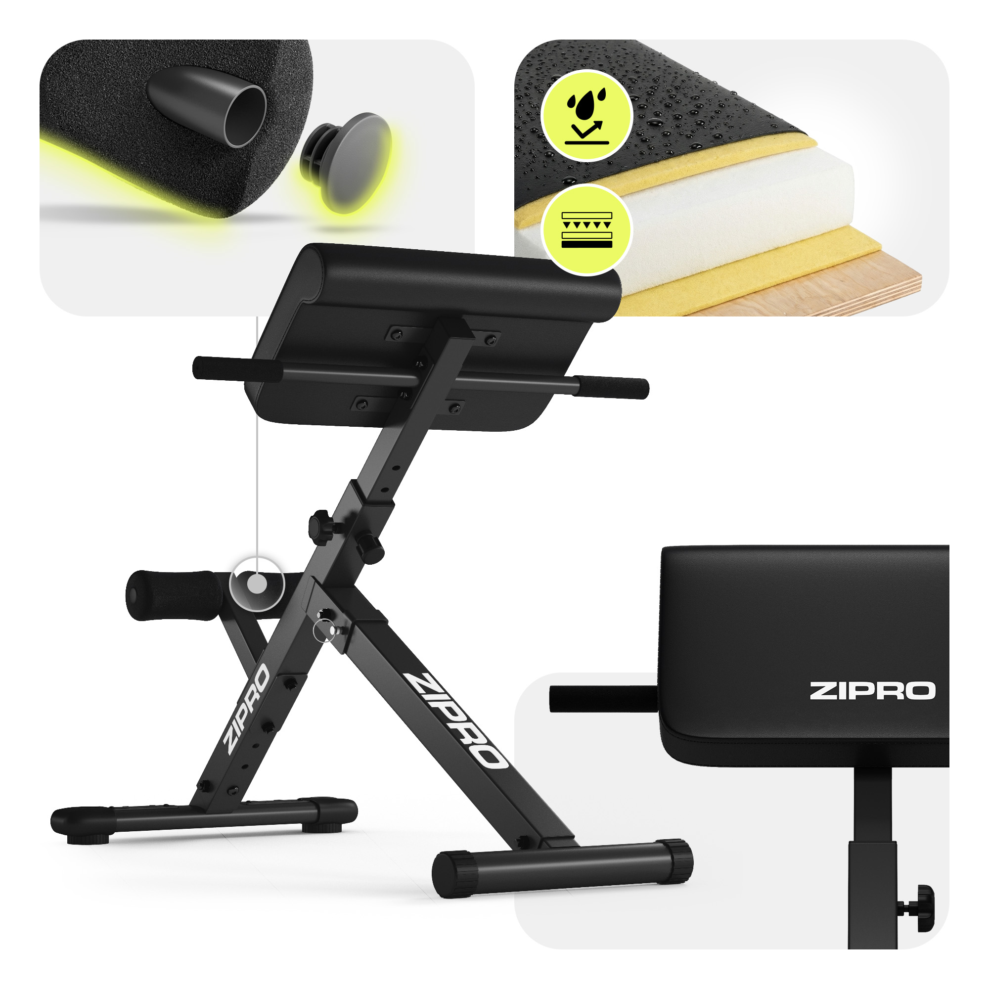 Ein schwarzes Fitnessgerät mit gepolsterten Griffen und verstellbarer Rückenlehne.