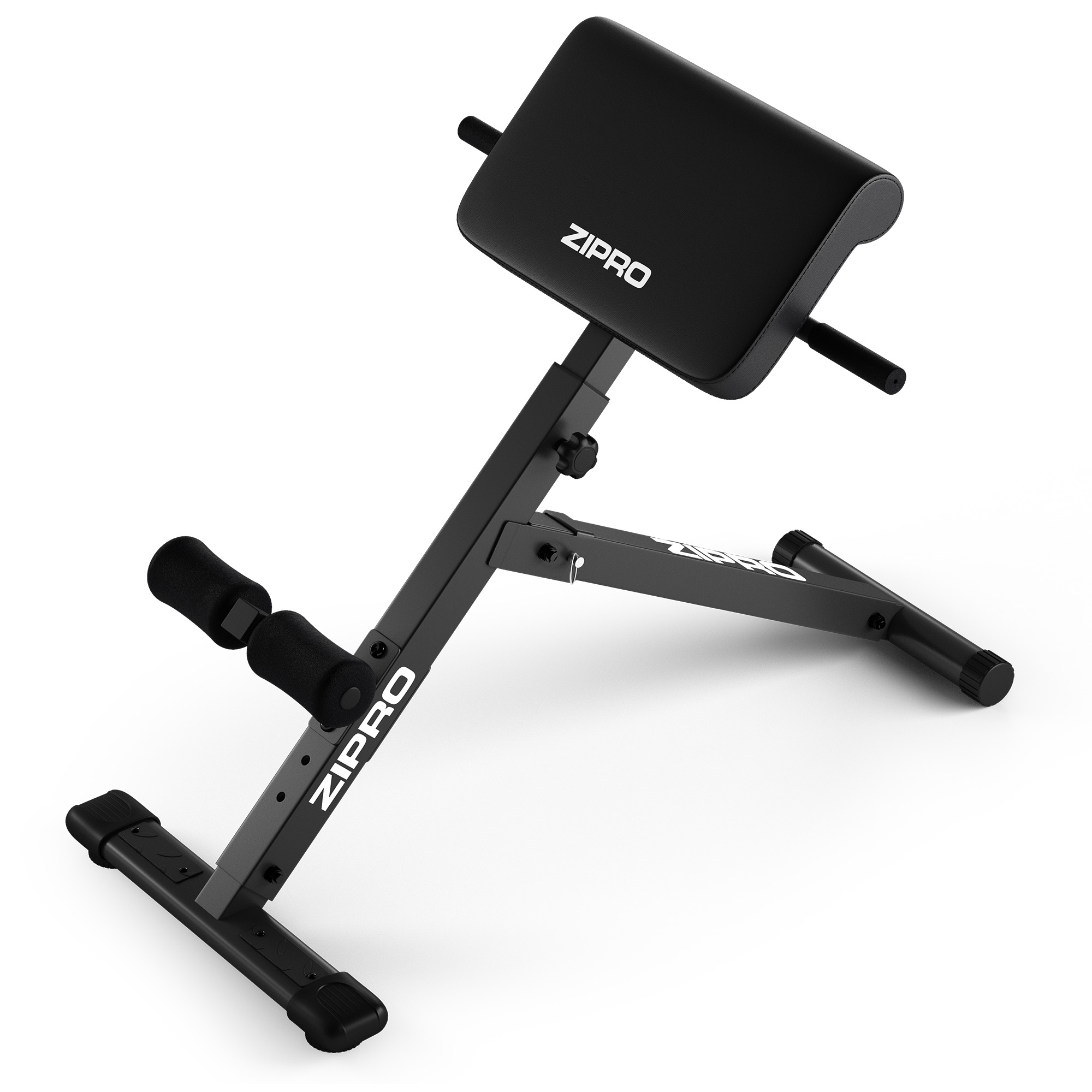 Schwarzes Fitnessgerät mit Polsterung und Griffen, für Rückentraining.