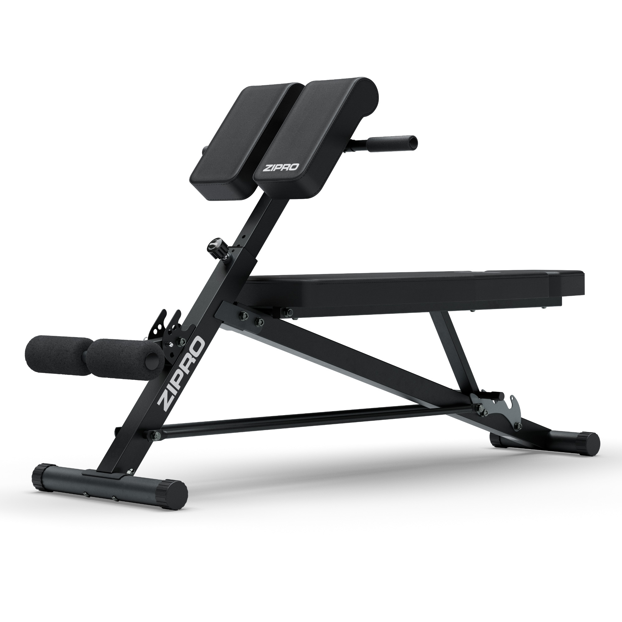 Ein schwarzes Fitnessgerät mit zwei gepolsterten Stützen für den Rücken und verstellbaren Beinpolstern.