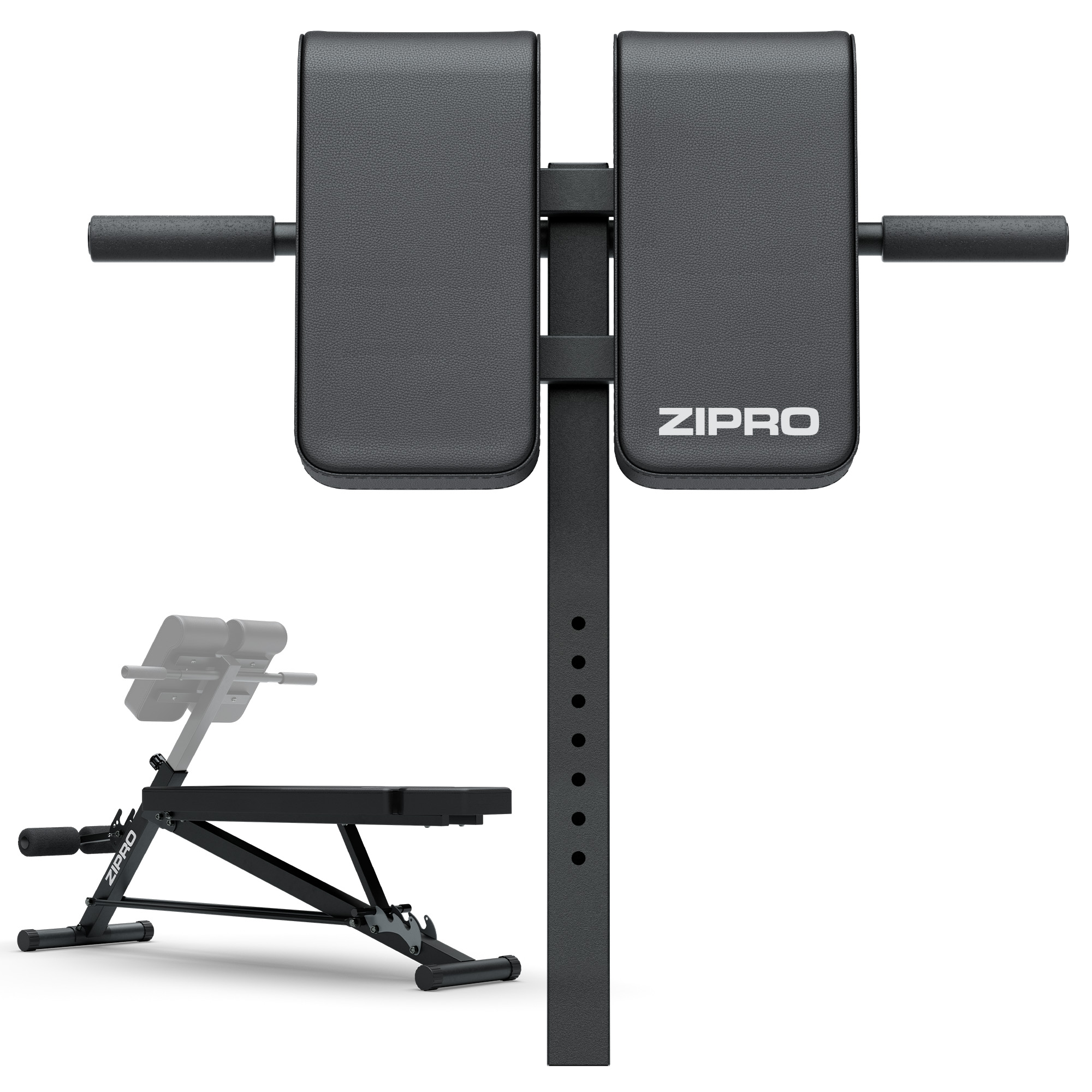 Ein schwarzes Fitnessgerät mit zwei Polstern, Griffen und einer Stange.