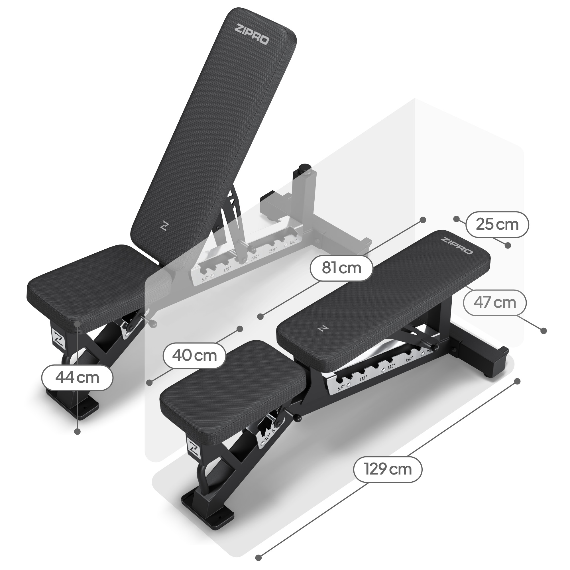 Verstellbare Hantelbank mit Maßangaben: 44cm, 40cm, 81cm, 129cm, 25cm, 47cm.