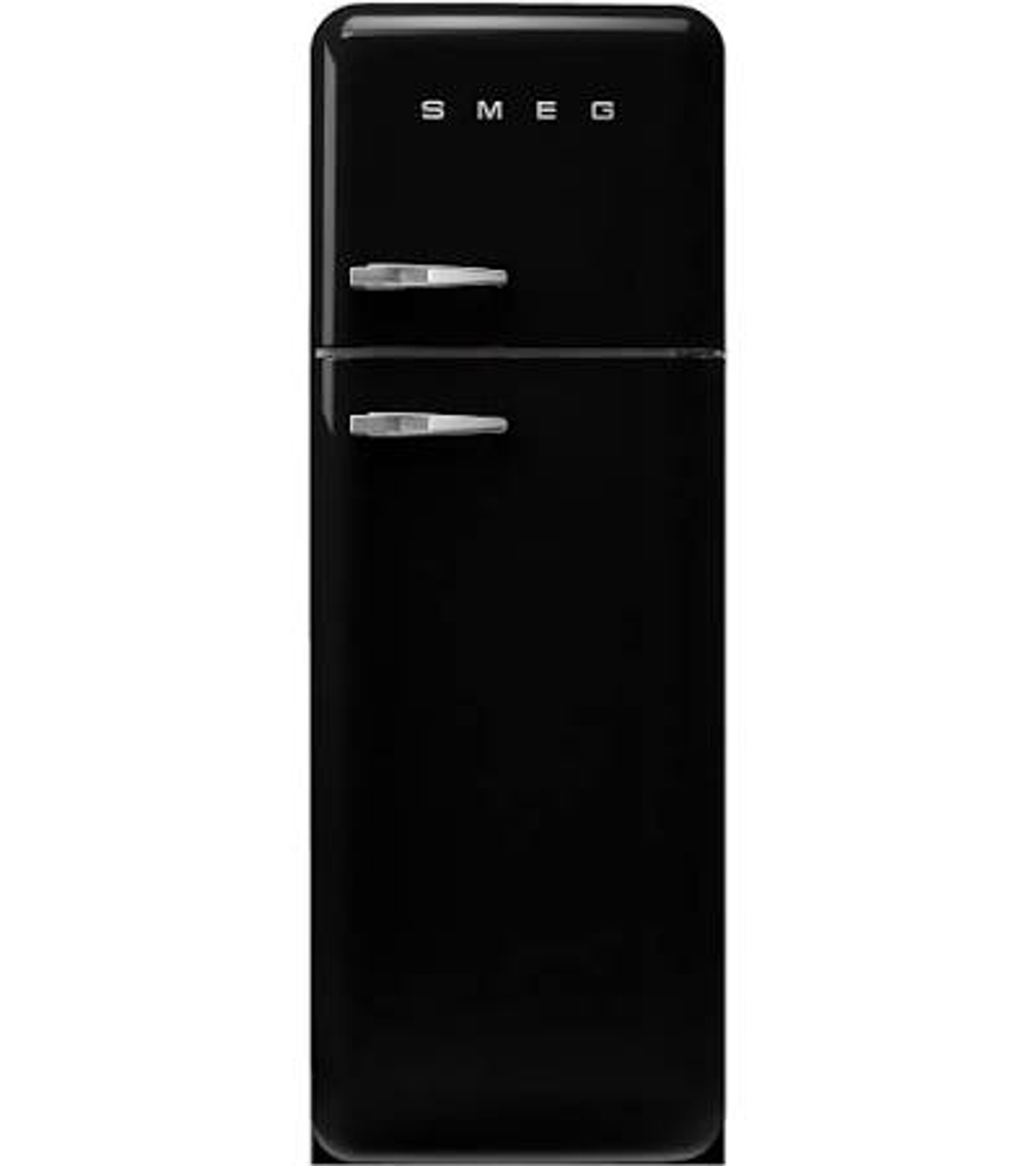 Schwarzer Kühlschrank mit zwei Türen und Chromgriffen. SMEG-Logo oben.