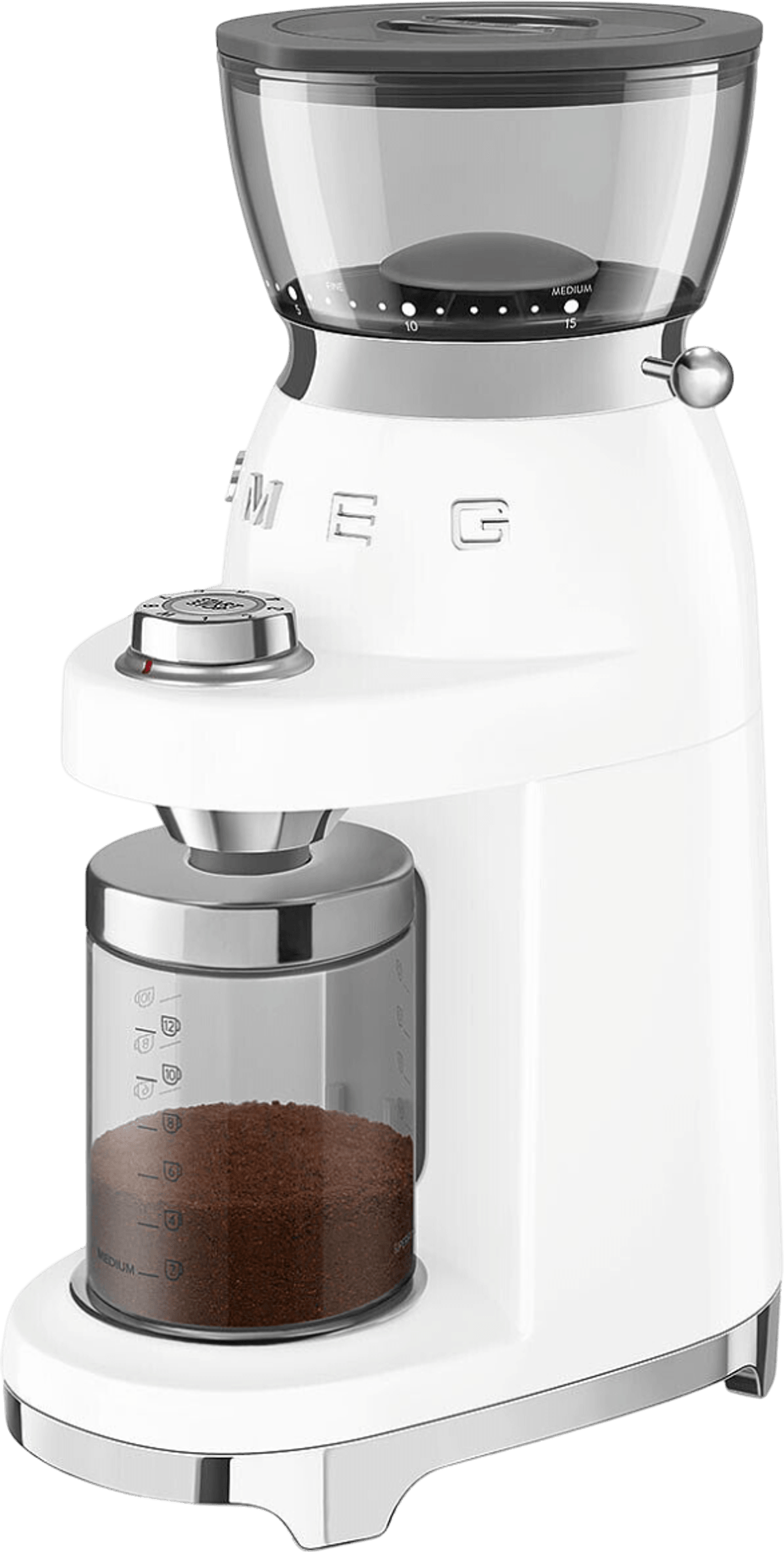 Weiße Kaffeemühle mit silbernen Akzenten und Kaffeepulver im Glasbehälter.