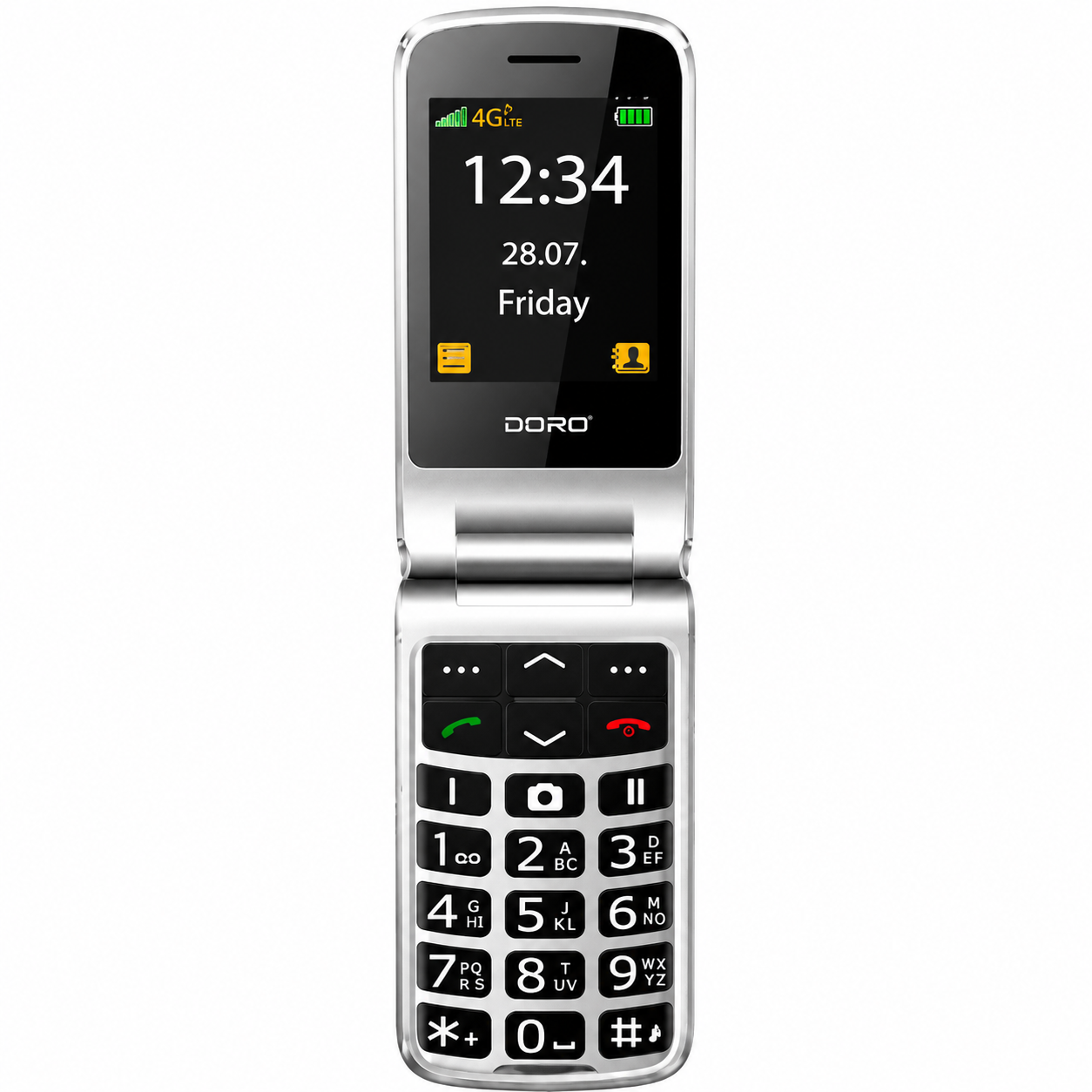 Un telefono a conchiglia Doro argentato aperto con schermo nero che mostra le 12:34.