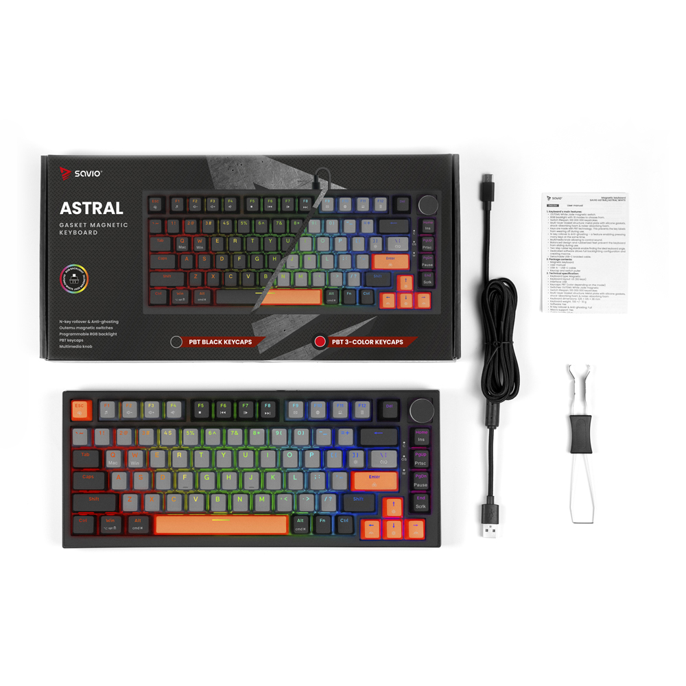 Klawiatura magnetyczna Savio Astral Gasket z podświetleniem RGB i kablem USB-C.