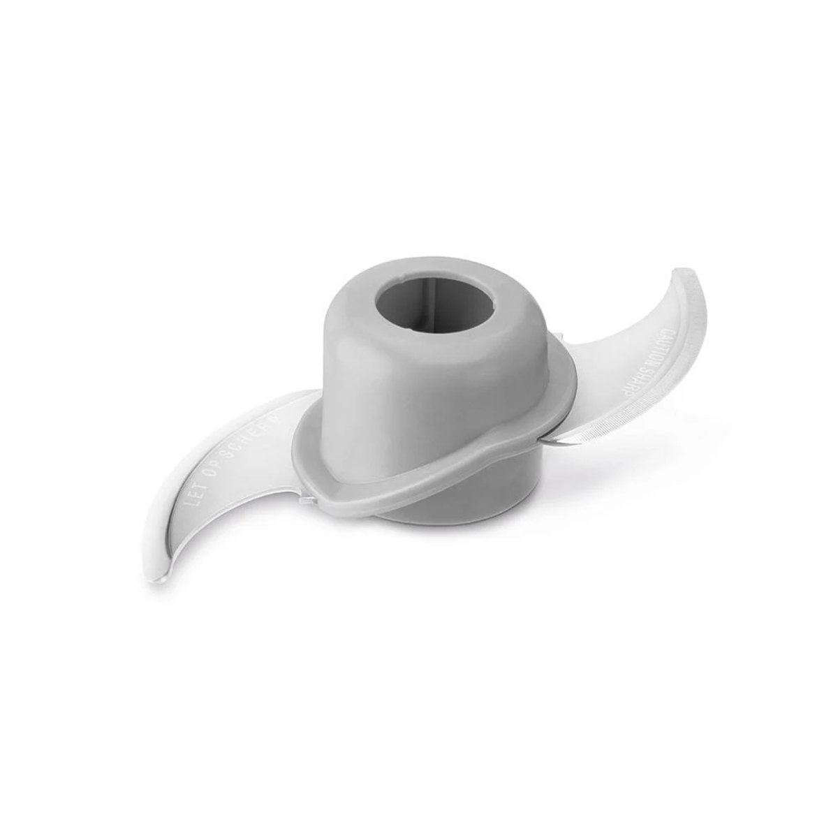 Un accesorio de cuchilla gris con dos cuchillas afiladas sobre fondo blanco.