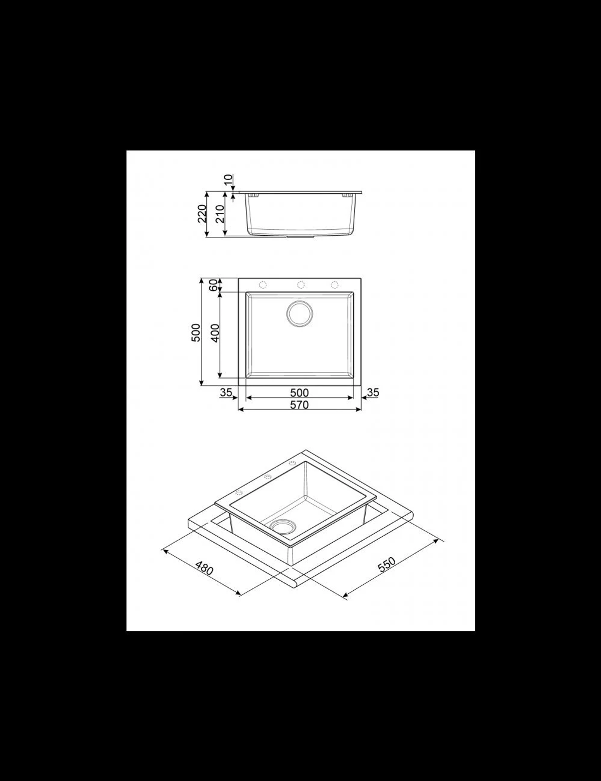 Dibujo técnico de un fregadero cuadrado con dimensiones. Vista superior y lateral mostradas.