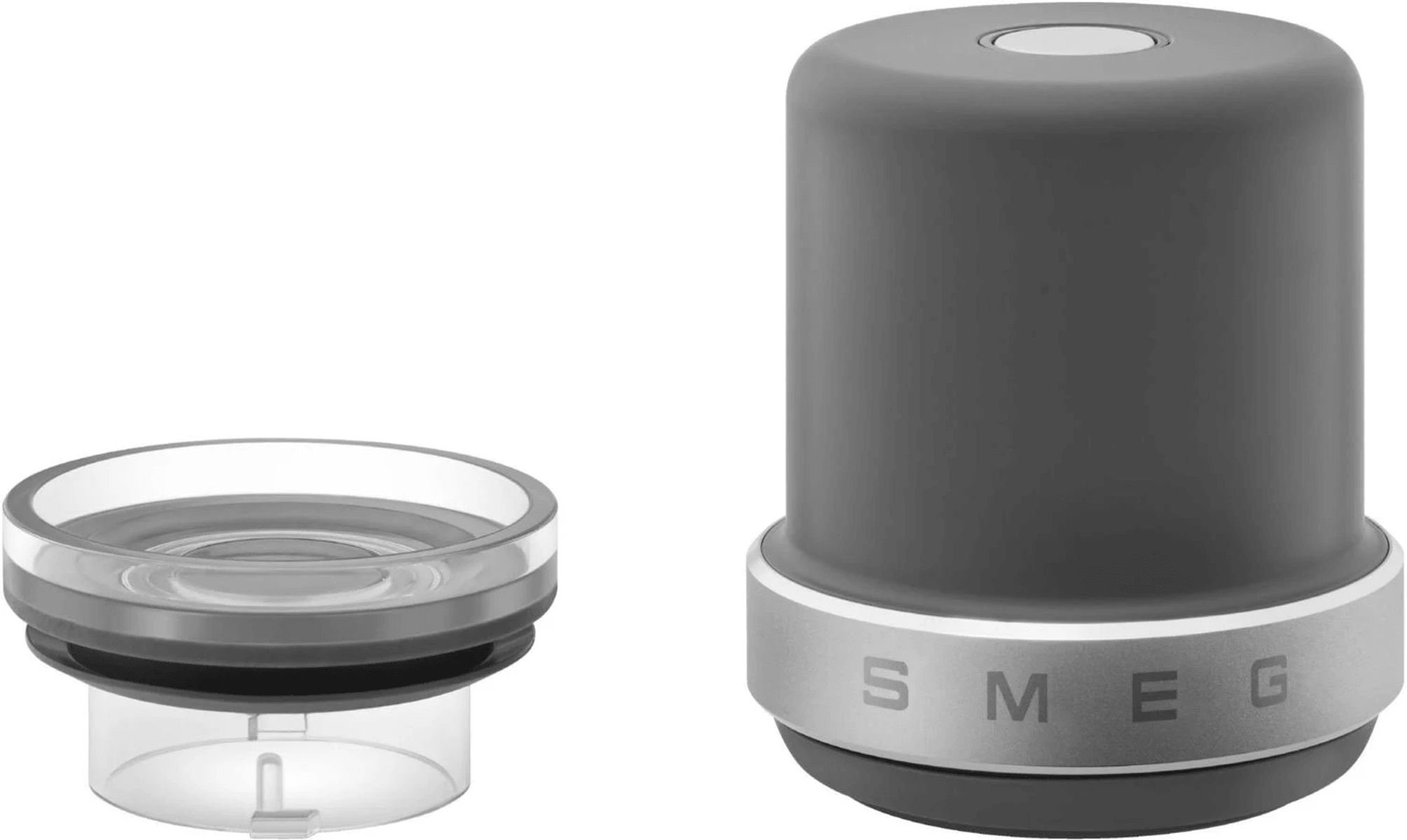 Grauer Smeg-Deckel mit silbernem Band und durchsichtiger Unterlage.