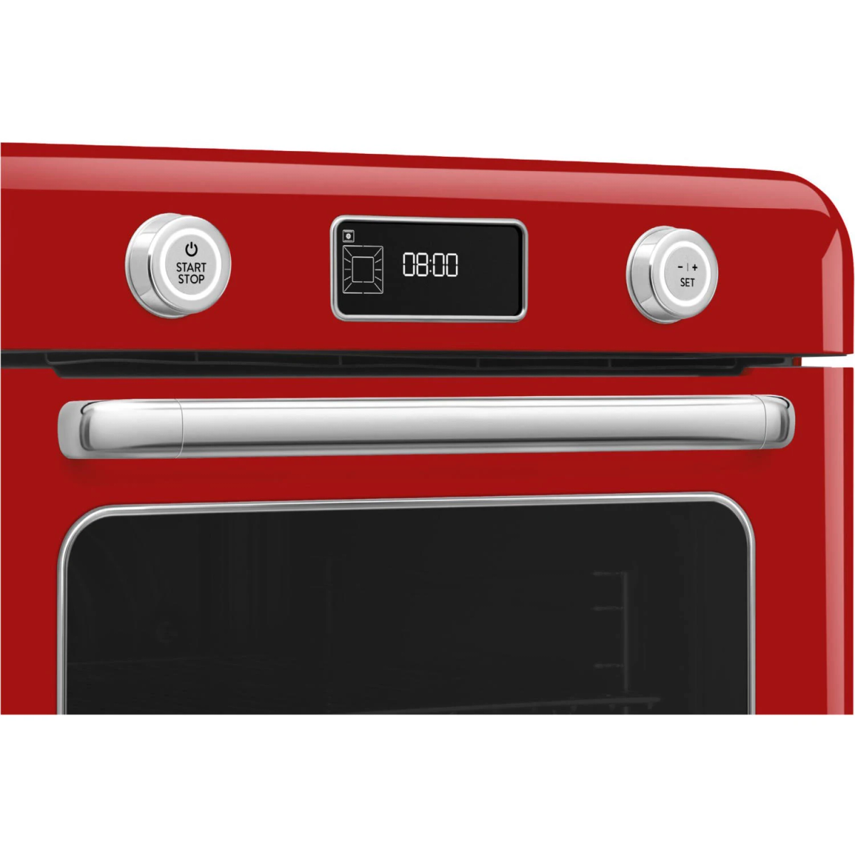 Horno rojo con asa cromada, botón inicio/parada y pantalla digital 08:00.