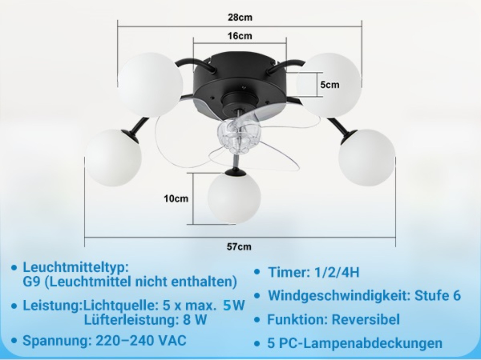 Ventilatore da soffitto nero con 5 luci a globo bianche e dimensioni.