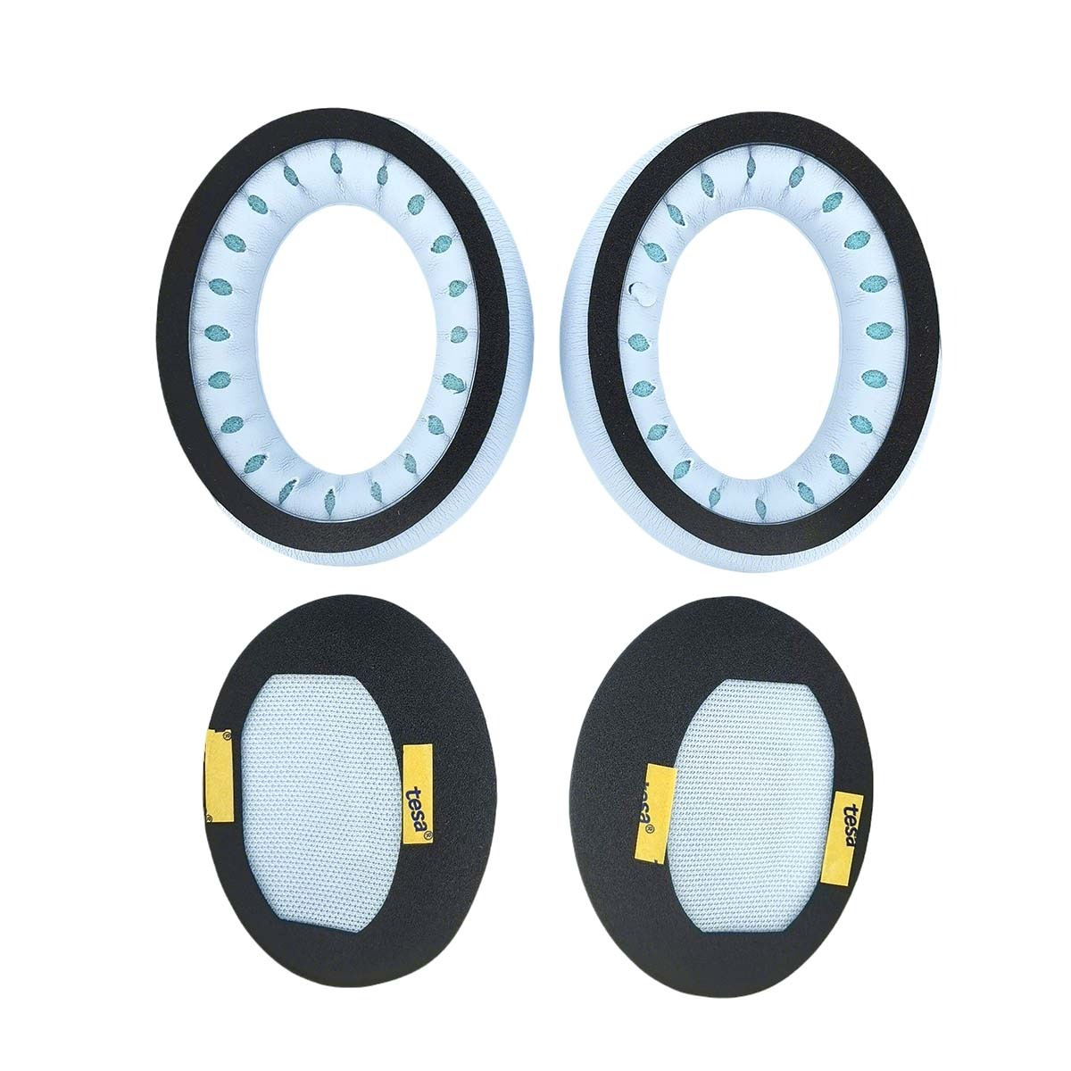 Quattro cuscinetti auricolari blu chiaro con motivo a foglie e bordo nero.