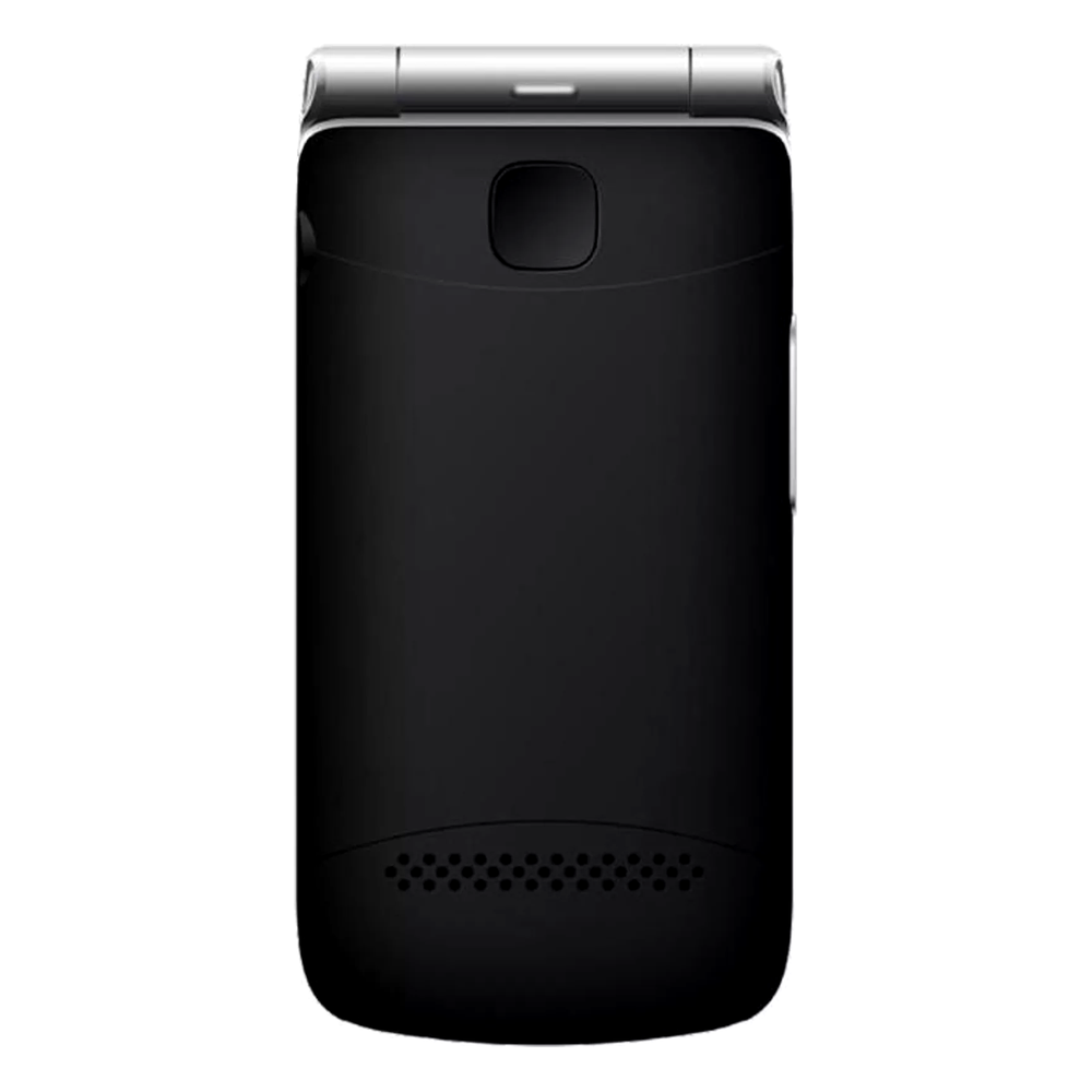 Retro di un telefono flip nero chiuso con accenti argentati.