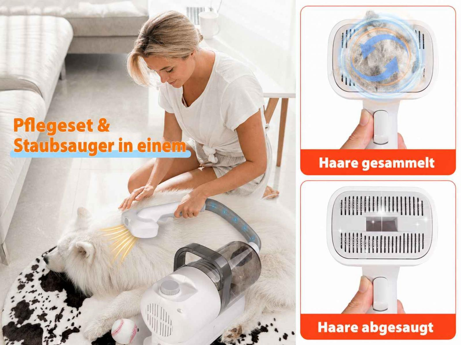 Frau bürstet Hund mit Staubsauger-Aufsatz. Haare gesammelt und abgesaugt.
