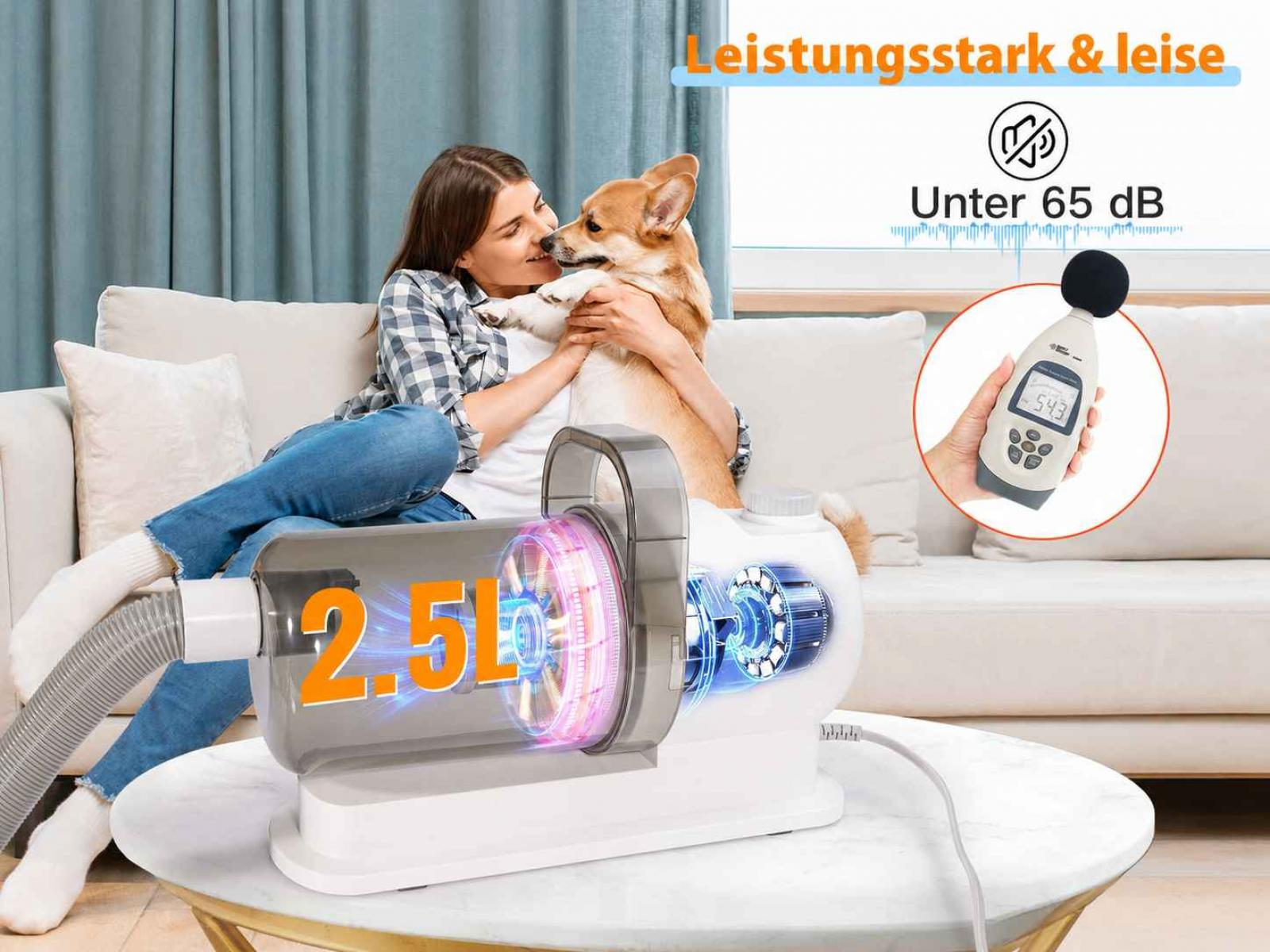 Frau mit Hund auf Sofa neben 2.5L Staubsauger mit Schallpegelmesser.