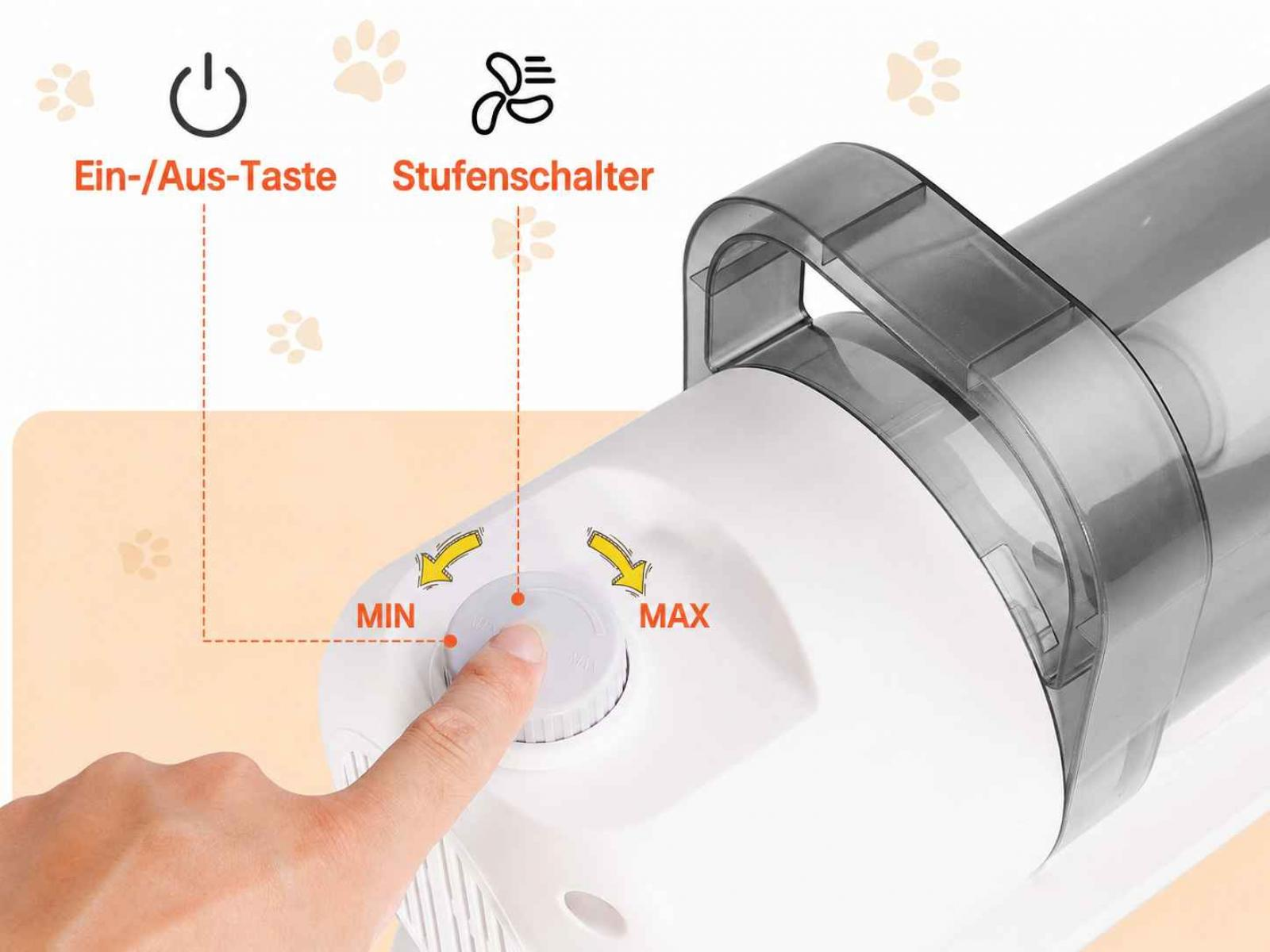 Ein Finger dreht einen Knopf von MIN zu MAX auf einem weißen Gerät mit Henkel.