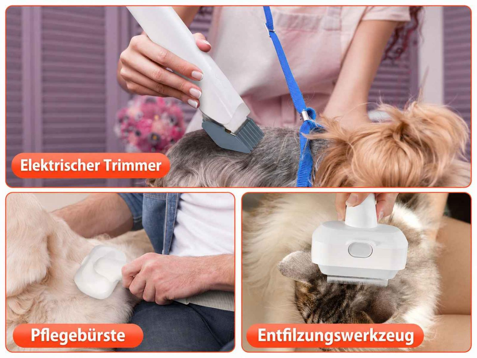 Drei Haustierpflegegeräte: Trimmer, Bürste und Entfilzungswerkzeug.