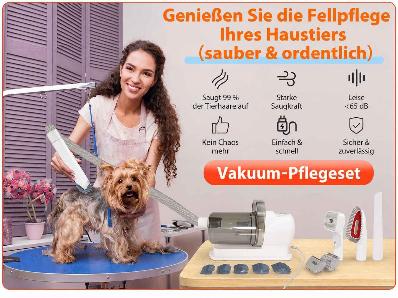Frau pflegt Yorkshire Terrier mit Vakuum-Pflegeset. Text über Fellpflege.