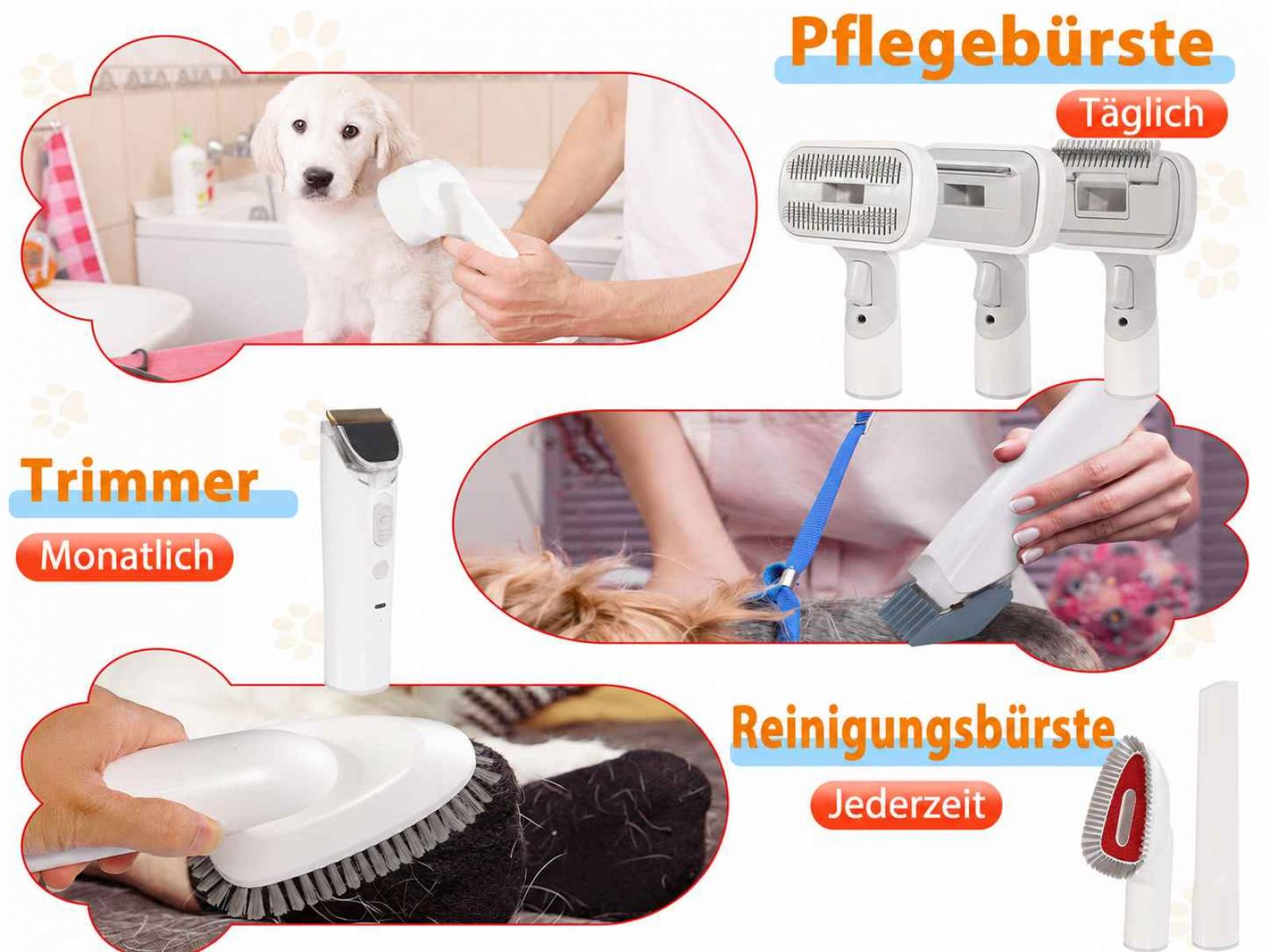Tierpflegeprodukte: Bürste, Trimmer und Reinigungswerkzeug.