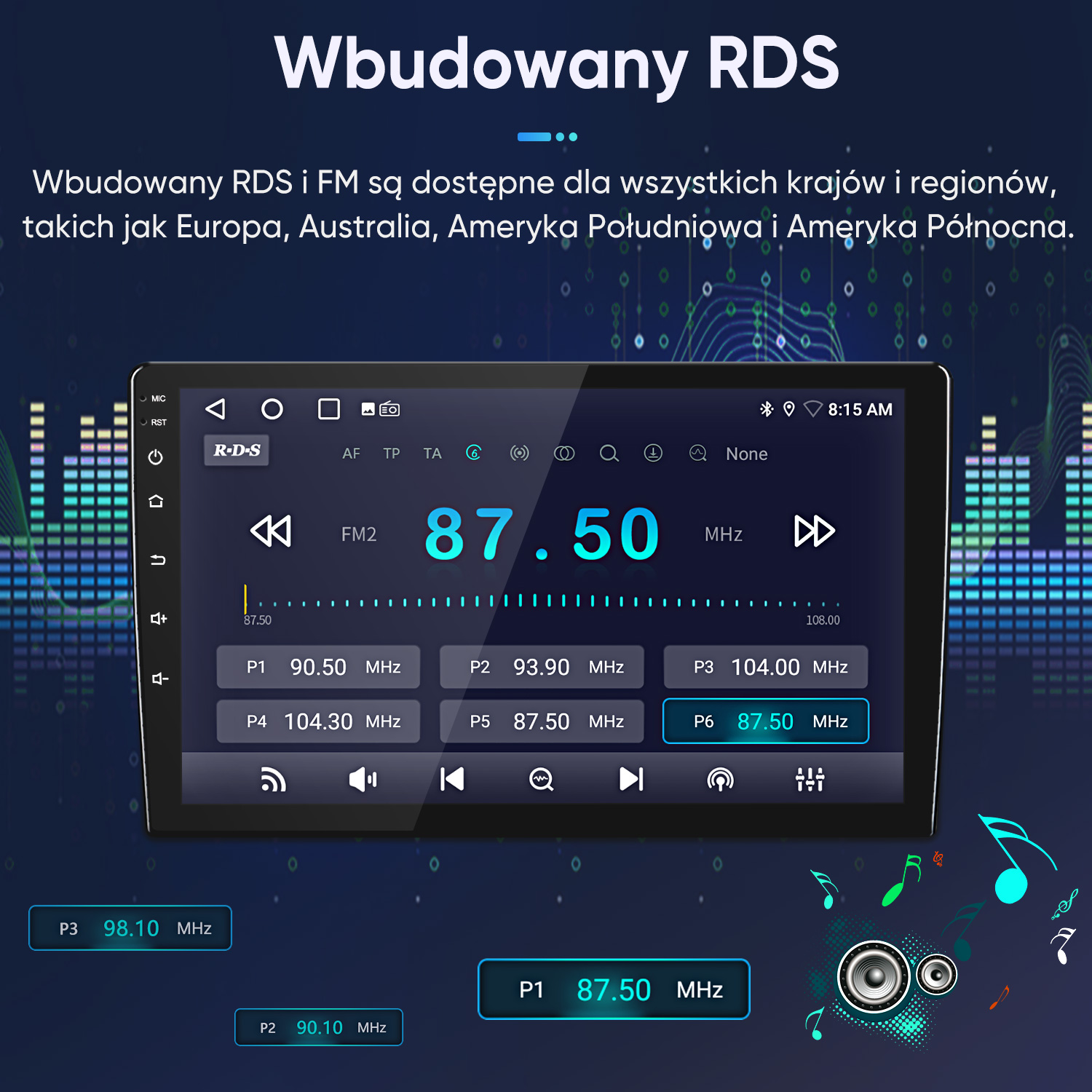Wyświetlacz radia samochodowego pokazuje FM2 87,50 MHz z zaprogramowanymi stacjami.