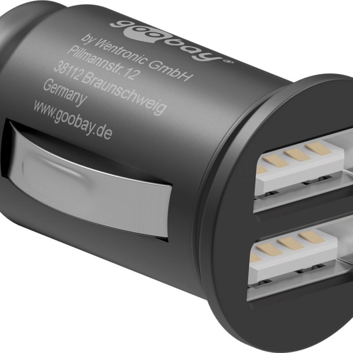 Schwarzer Autoladegerät mit zwei USB-Anschlüssen und Firmeninfos.