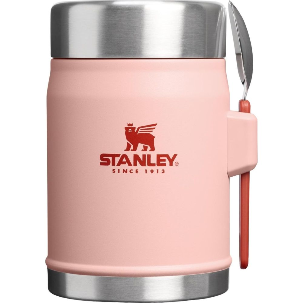 Gümüş kapaklı ve takılı kaşıklı pembe Stanley mama kabı.